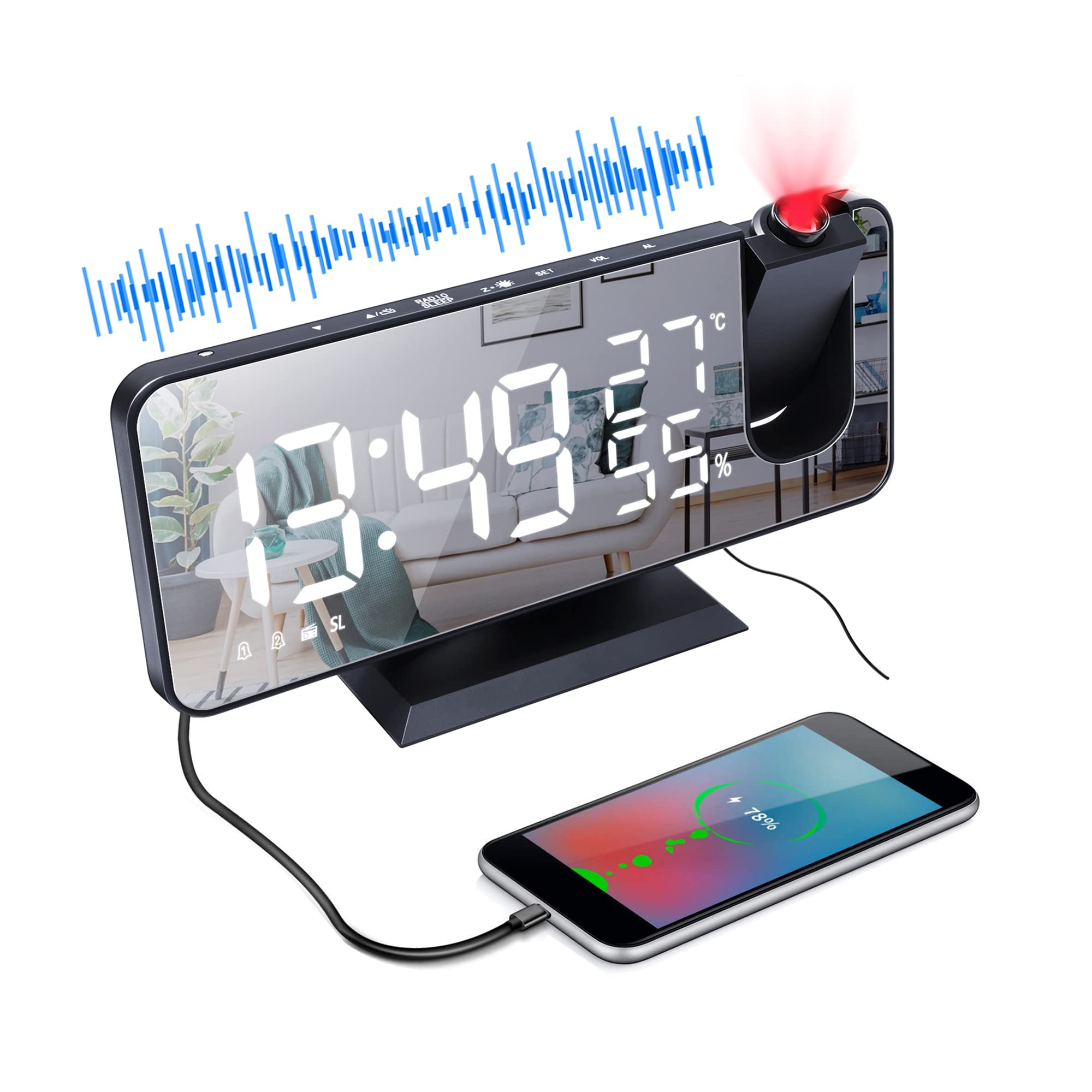 LITEYPP Alarm Clock Radio with 180° Ceiling Projection, Digital Mirror Clock with 7