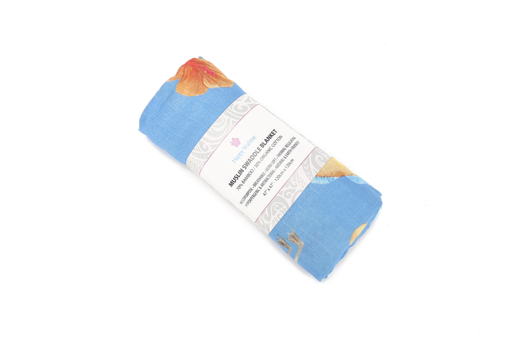 Soft Baby Muslin Swaddle Blanket - Humu Nene Hibiscus Blue Design - Perfect for Newborn Swaddling, Nursing & Stroller Use