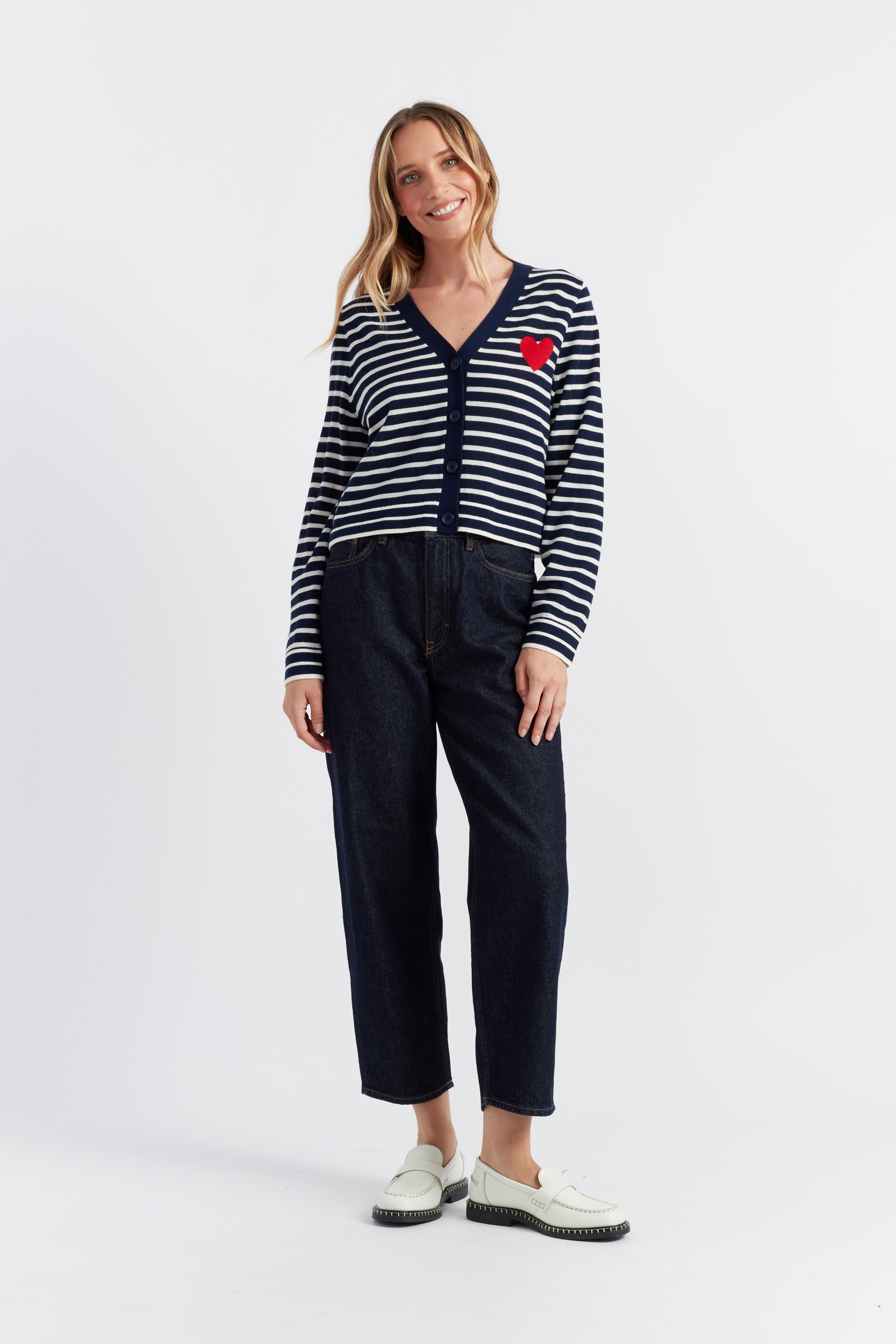 Navy Blue Merino Wool Heart Print Breton Cardigan for Women - Cozy Winter Sweater for Casual Outfits & Date Nights