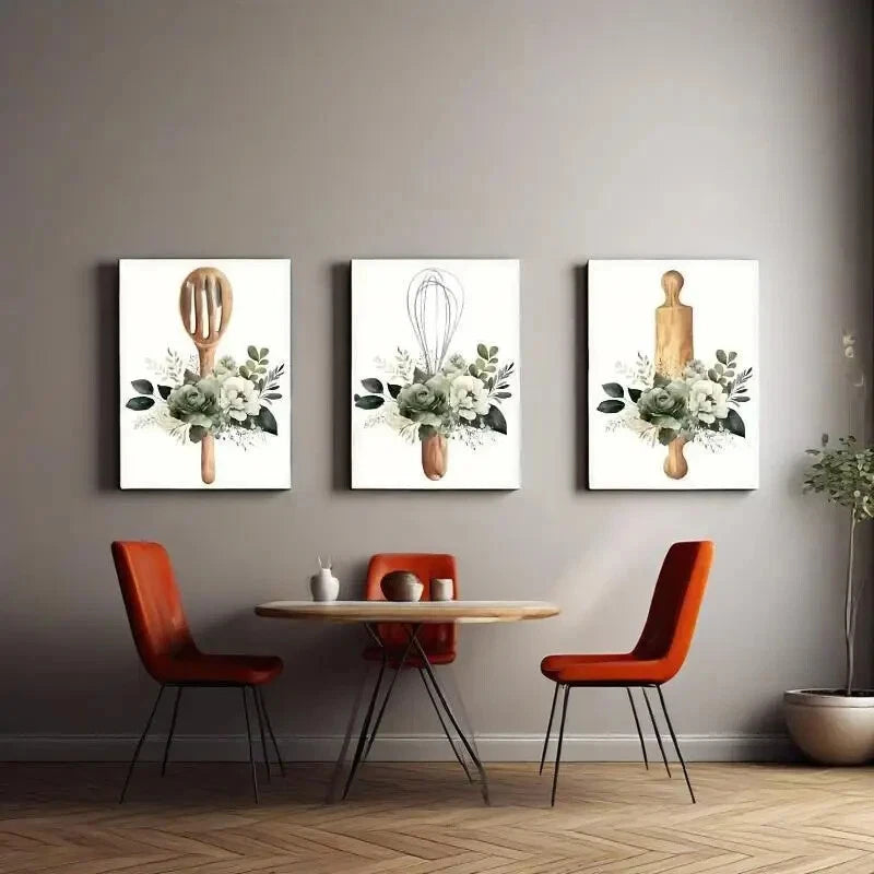 3-Piece Green Watercolor Floral & Kitchenware Metal Wall Art - Ready to Hang - Perfect for Kitchen, Dining Room, or Home Decor