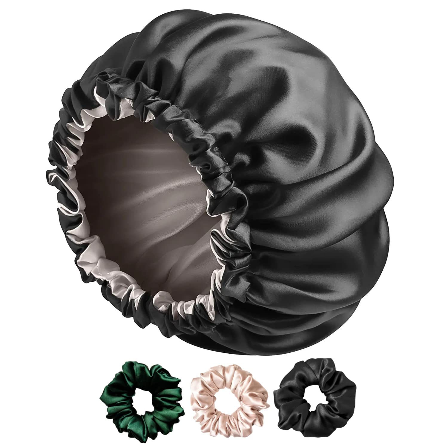 Premium Satin Silk Bonnet for Curly Hair & 3 Scrunchies Set - Reversible Hair Cap for Sleeping & Hair Protection - Black 2-in-1 Design (Great for Nighttime Hair Care & Travel Accessories)