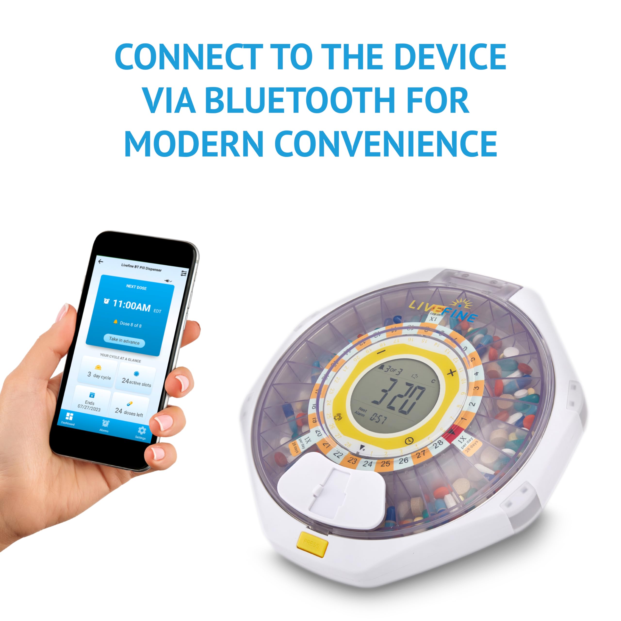 LiveFine Bluetooth Automatic Pill Dispenser - 28-Day Medication Organizer with Smart Alerts, Key Lock & App Control for Prescriptions, Vitamins & Supplements (Clear Lid) - Perfect for Elderly Care & Daily Medication Management