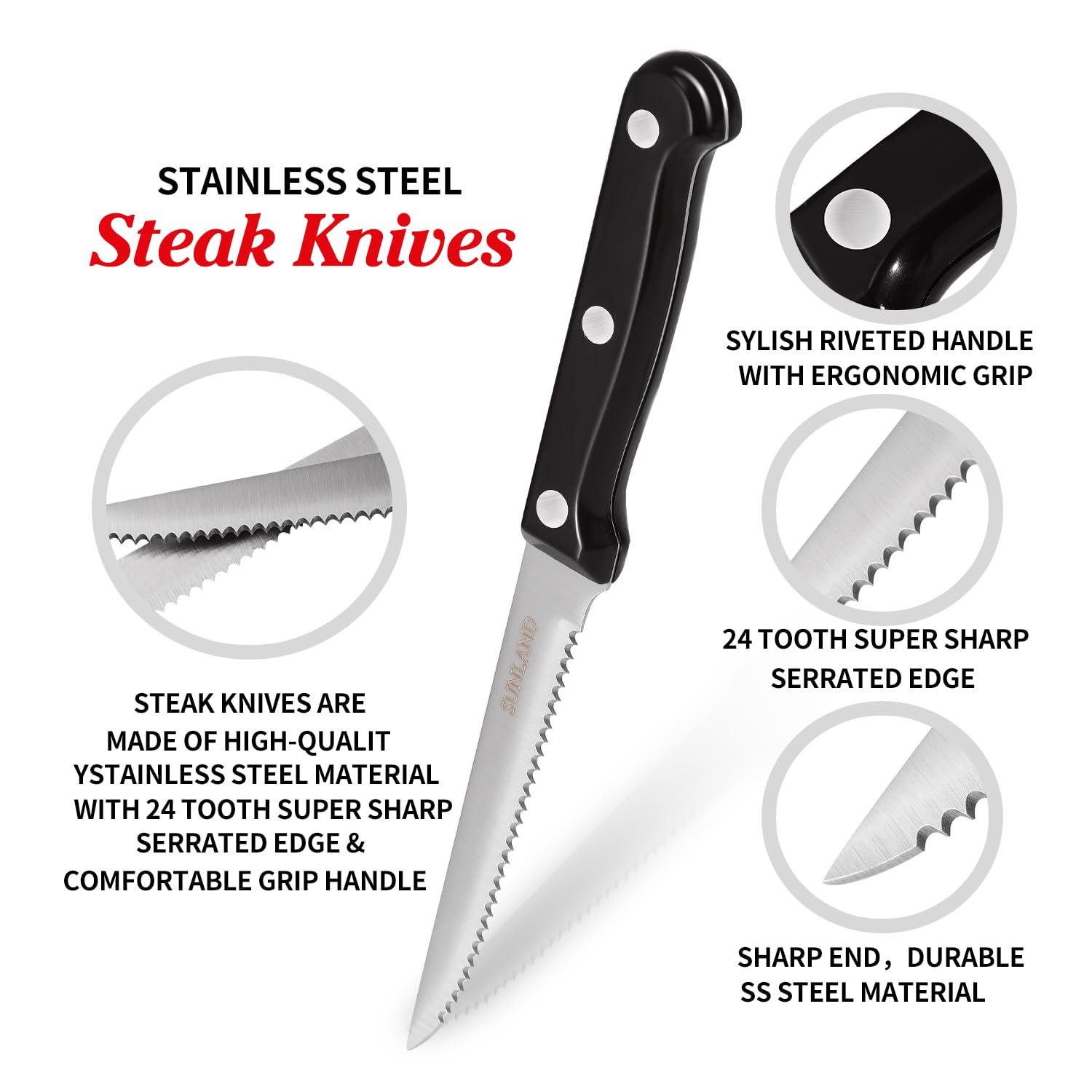 Premium SUNALND 8-Piece Steak Knife Set - Micro Serrated Edge, Full Tang, Triple Riveted Design for Perfect Steak Cutting | Ideal for Steak Dinners, BBQ Parties & Fine Dining Experience
