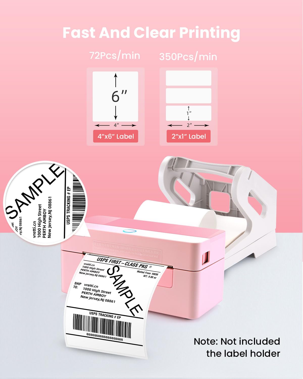 Vretti Bluetooth Thermal Label Printer 4x6 - Wireless Shipping Label Printer for USPS UPS Amazon Packages - Compatible with iPhone Android Windows Mac - Perfect for Small Business & Home Shipping (Pink)