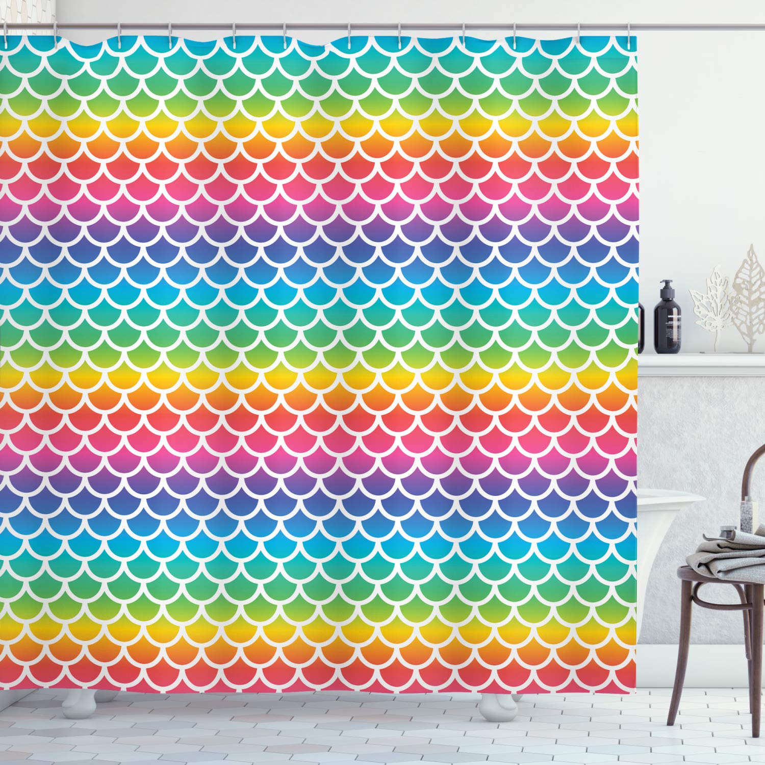 Ambesonne Abstract Rainbow Fish Scale Shower Curtain - Geometric Mermaid Pattern Bathroom Decor with Hooks, 105