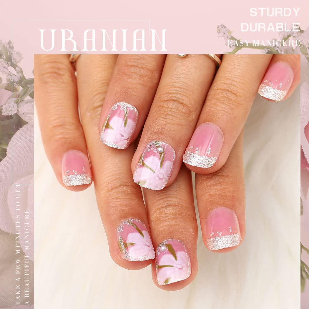 24pcs Uranian Square Press on Nails - Short French Fake Nails with Pearls & Flower Design, Glossy Pink False Nails with Bling Glitter - Full Cover Acrylic Nails Tips for Women & Girls (Flower Pink) | Perfect for Parties, Weddings, Date Nights & Special Occasions