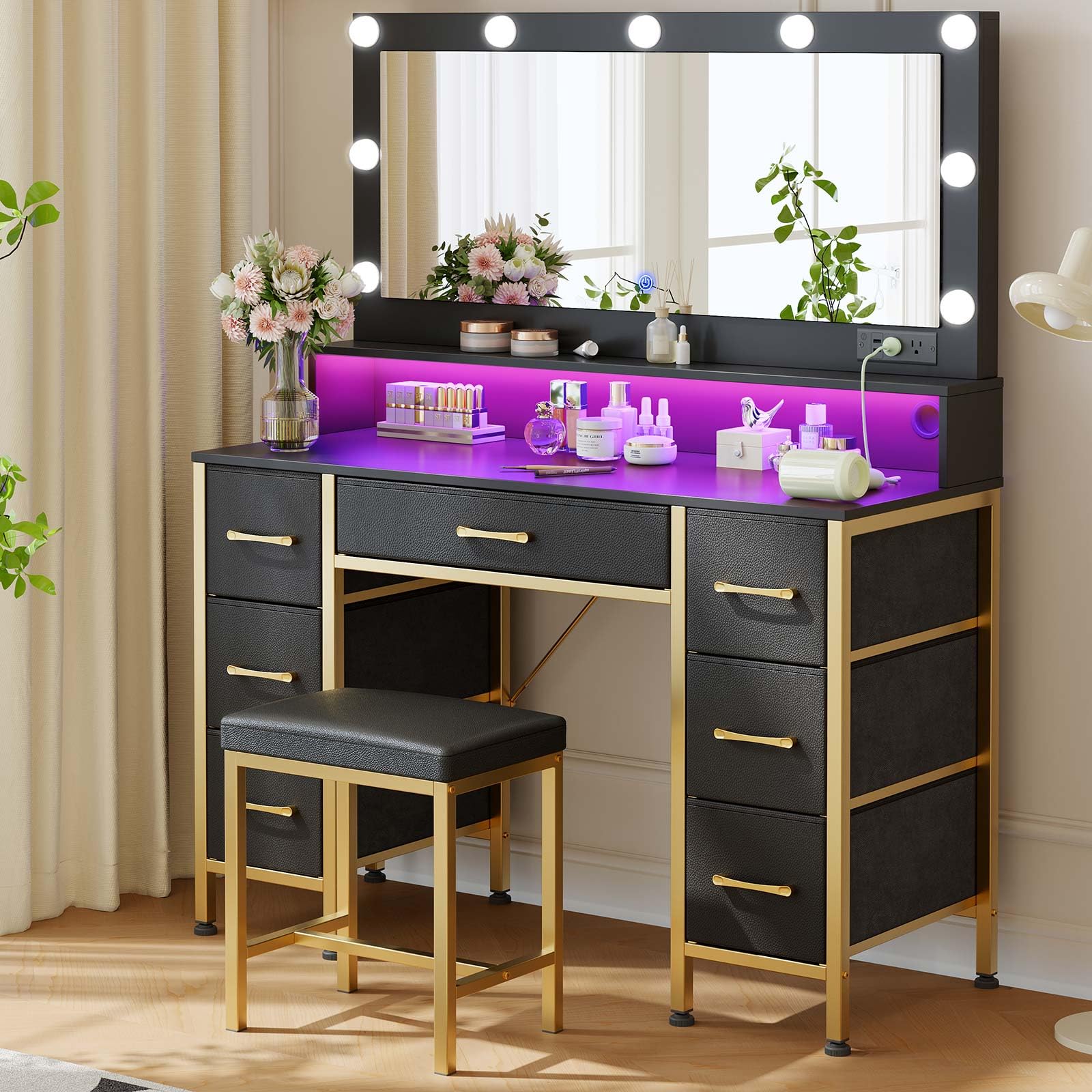 Rolanstar Vanity Desk with Mirror and Lights - Makeup Vanity Set with Upholstered Stool, 7 Fabric Drawers, 9 LED Bulbs & Power Outlets - Black and Gold Dressing Table with RGB Strip Lights for Bedroom, Home Decor & Beauty Routine