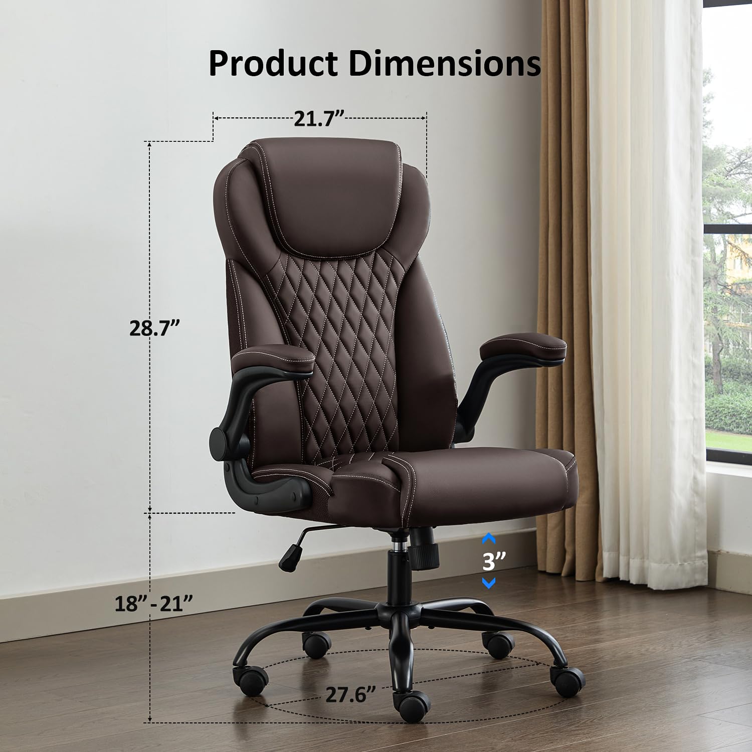 Premium Ergonomic Office Chair - Executive Leather Desk Chair with Adjustable Flip-Up Arms, Lumbar Support & Swivel Rocking Function - Perfect for Home Office, Computer Work & Gaming (Brown)