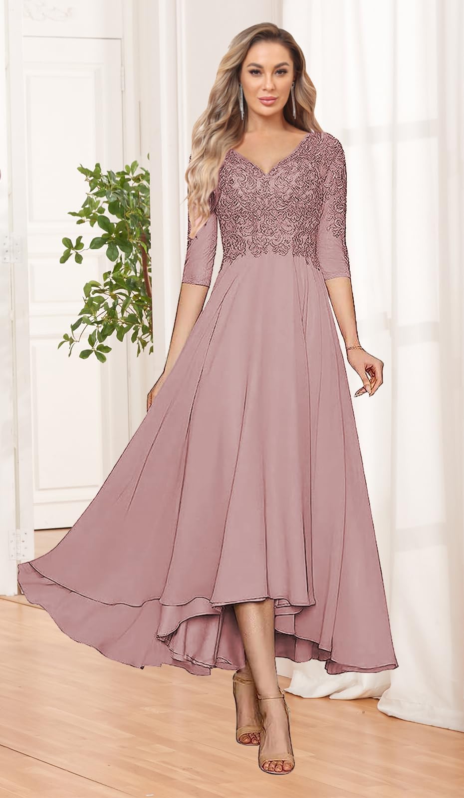 Elegant Tea-Length Mother of The Bride Dress with Lace Sleeves - Chiffon Formal Wedding Gown for Evening Ceremonies & Special Occasions