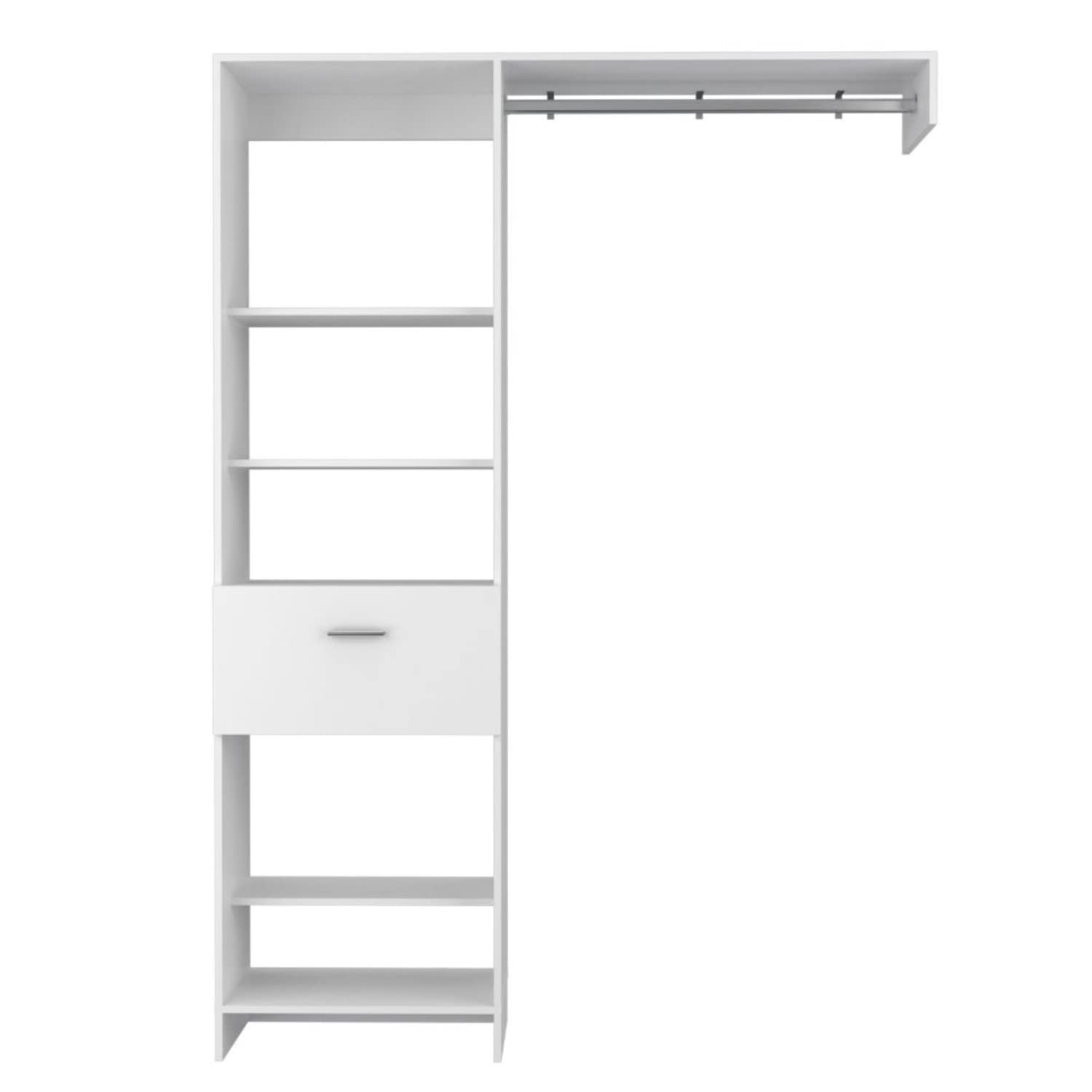 Dynamic 150 Closet Organizer System with 5 Open Shelves, 1 Drawer & Metal Clothes Rod - White | Space-Saving Storage Solution for Bedroom, Walk-In Closet or Laundry Room