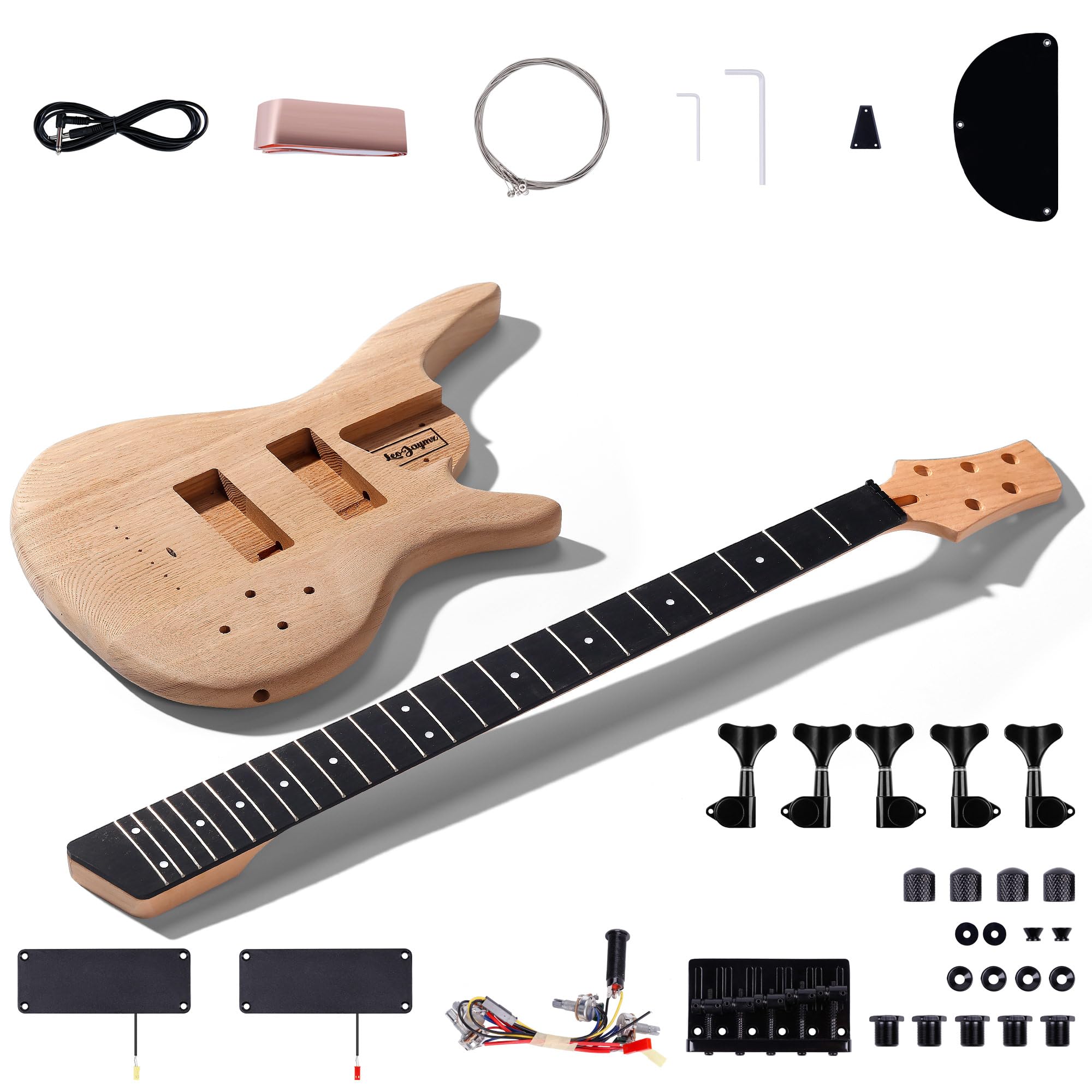 Leo Jaymz DIY Electric Bass Guitar Kit for Beginners - 5 String Roasted Ash Body, Roasted Maple Neck & Ebony Fingerboard - Complete Components Included - Perfect for Home Studio Recording & Live Performances
