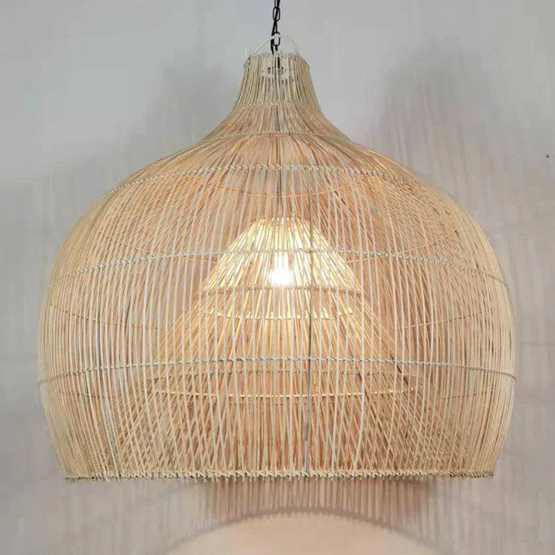 Handwoven Rattan Semi-Spherical Pendant Light - Natural Boho Ceiling Fixture for Living Room, Bedroom, or Dining Area