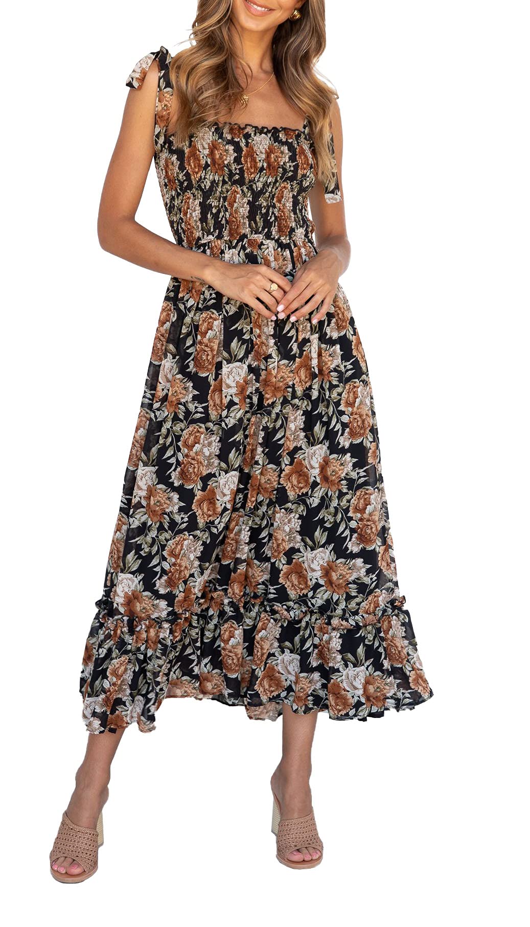Goranbon Women's Summer Floral Maxi Dress with Tie Strap & Smocked Detail - Flowy Beach Dress for Vacation, Pool Party & Outdoor Date Night