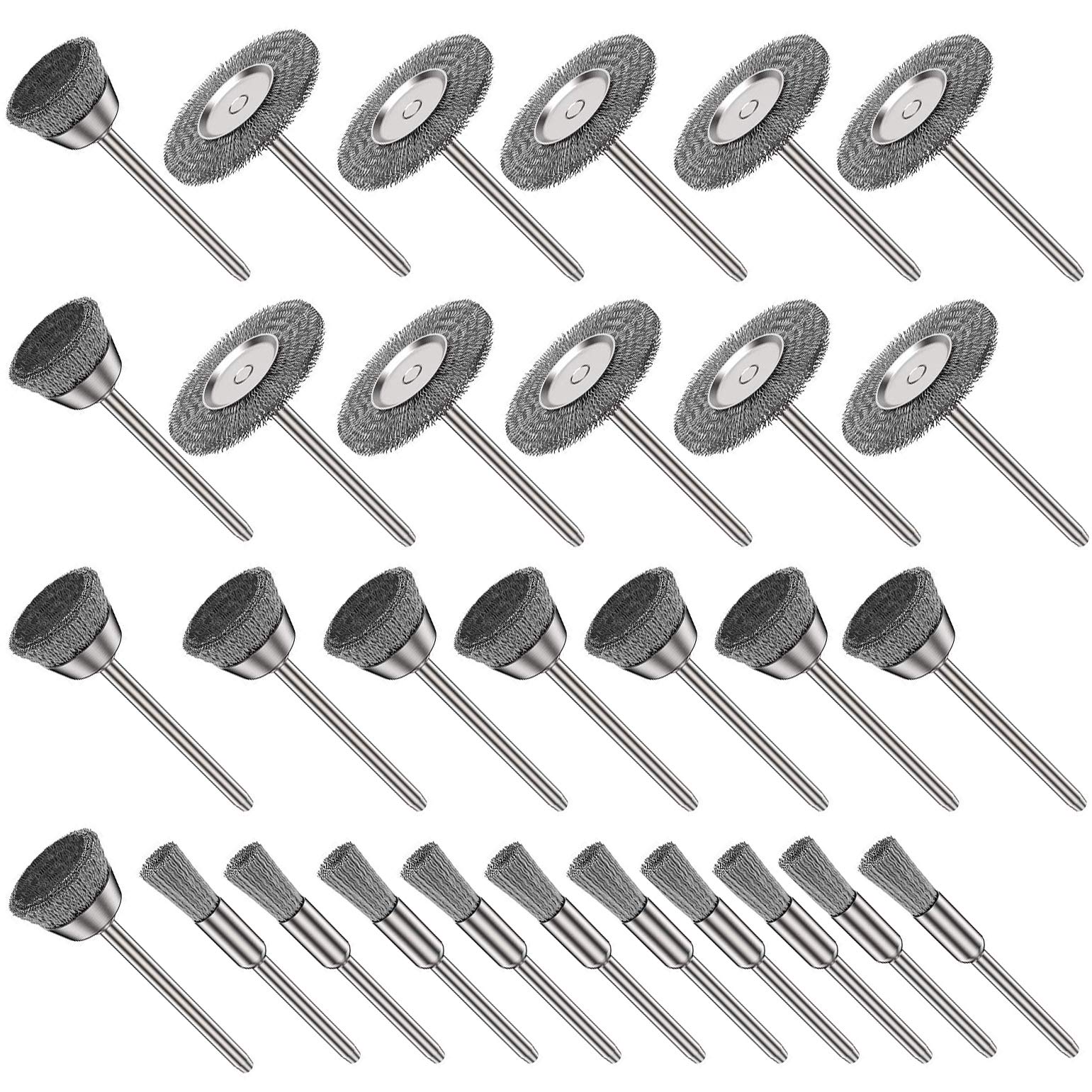 30Pcs Stainless Steel Wire Brush Set - 1/8 inch Shank Wheel Cup & Pen Cleaning Brushes for Grinder, Rotary Tools - Metal Polishing, Rust Removal, Surface Cleaning - Perfect for DIY, Automotive, Woodworking & Home Maintenance