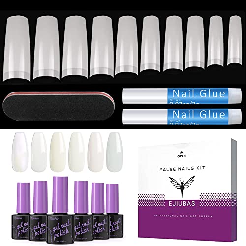 Ejiubas Milky White & Funny Bunny Gel Nail Polish Set with Acrylic Nail Tips and Glue - Long Lasting DIY Manicure Kit for Home Salon, Parties & Special Occasions