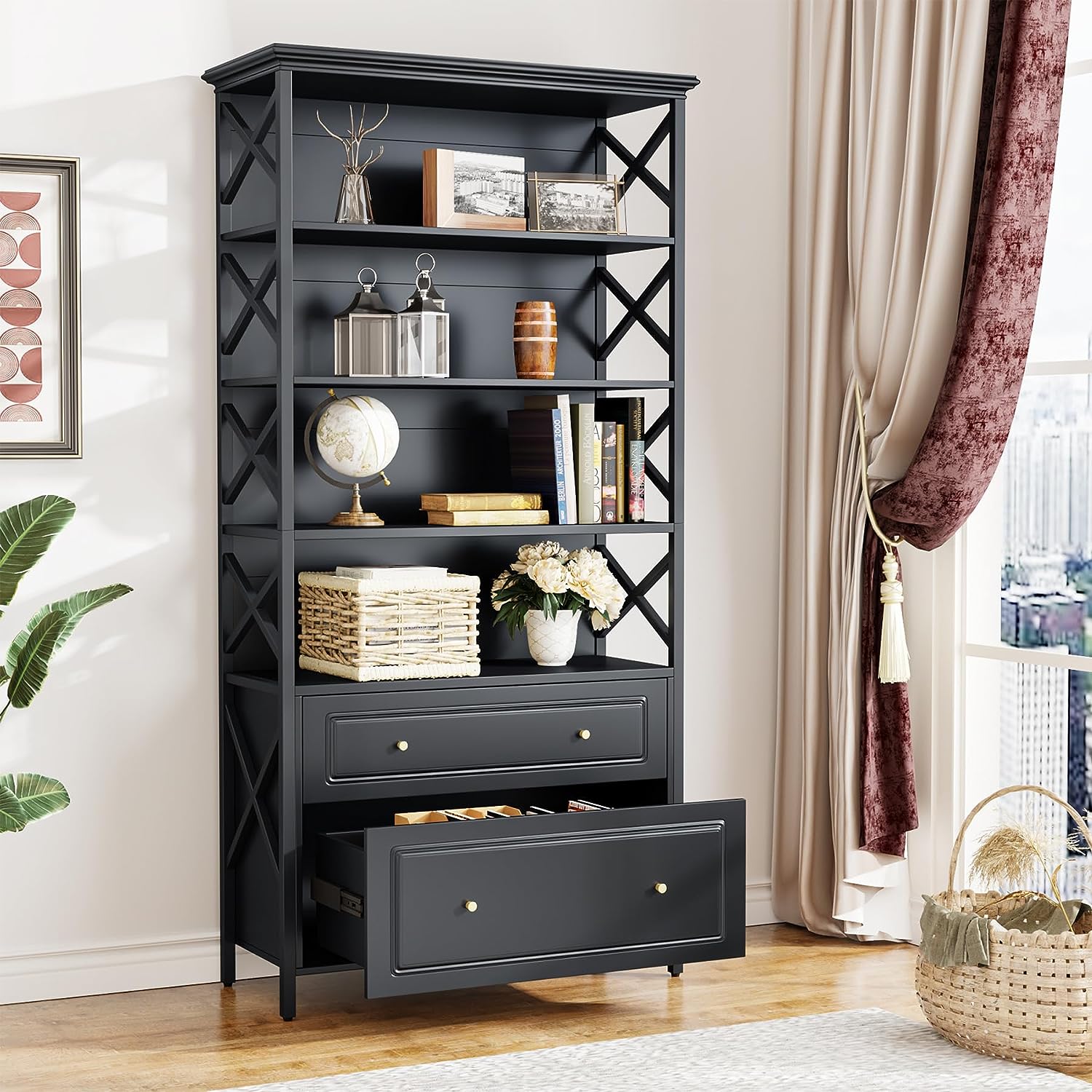 5 Tier Industrial Bookshelf with 2 Drawers - Sturdy Metal Bookcase for Home Office, Living Room & Bedroom Storage - Perfect for Organizing Books, Decor & Office Supplies