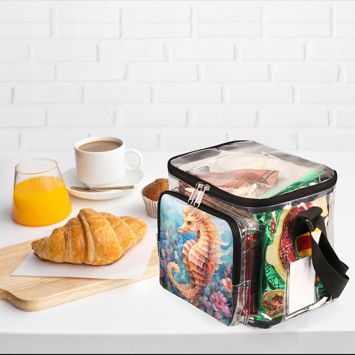 GzLeyigou Clear Transparent Tote Bag with Handles - Waterproof Seahorse Design Crossbody Shoulder Bag for Lunch, Beach, Travel, Picnic, Concerts & Sports Events | Stadium Approved Multipurpose Carryall | Perfect for Outdoor Activities, Shopping and Theme Parks