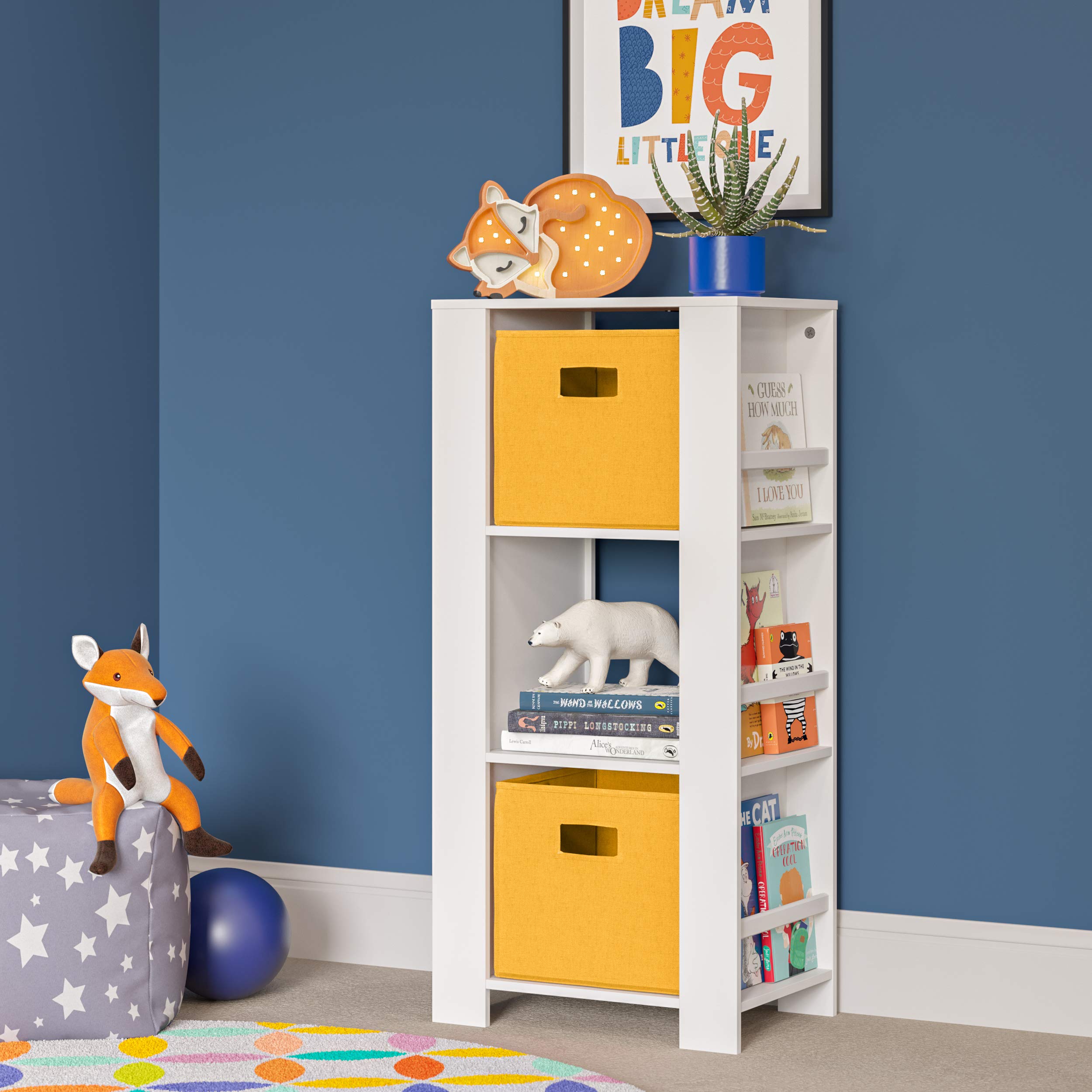RiverRidge Kids Book Nook Tower - 3-Tier Bookshelf & Toy Storage Organizer with 6 Book Racks & 2 Yellow Foldable Bins - Space-Saving Playroom Organizer for Books, Toys & Games - Perfect for Bedrooms, Playrooms & Daycare Centers