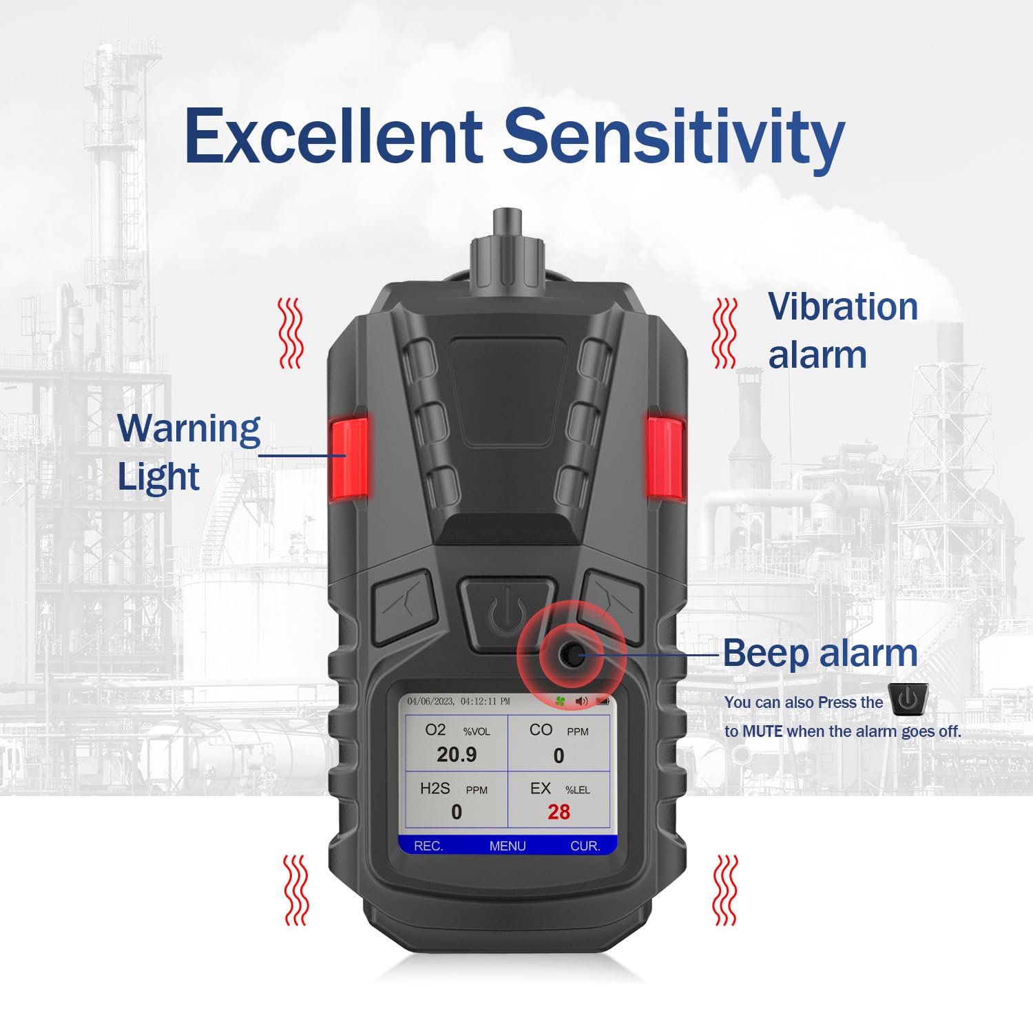 Portable 4-in-1 Gas Detector with Pump - CO, EX, O2, H2S Monitor | 3000mAh Rechargeable Battery & Calibration Kit | LCD Display with Clip | Ideal for Sewer Gas Detection, Industrial Safety & Confined Space Monitoring
