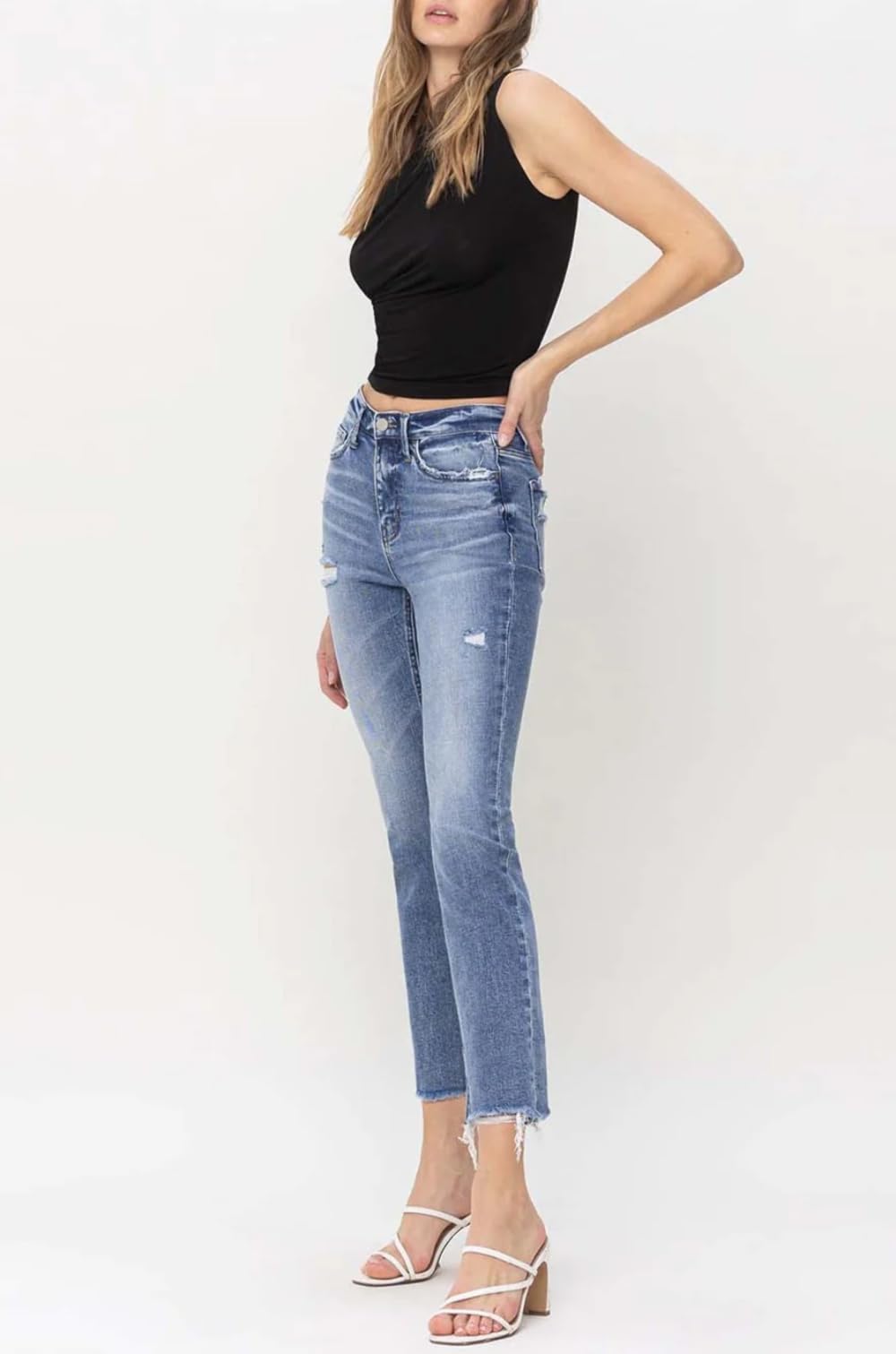 Flying Monkey Women's High Rise Slim Straight Jeans with Raw Hem - F5160 | Comfortable & Stylish for Casual Wear, Work & Everyday Outfits