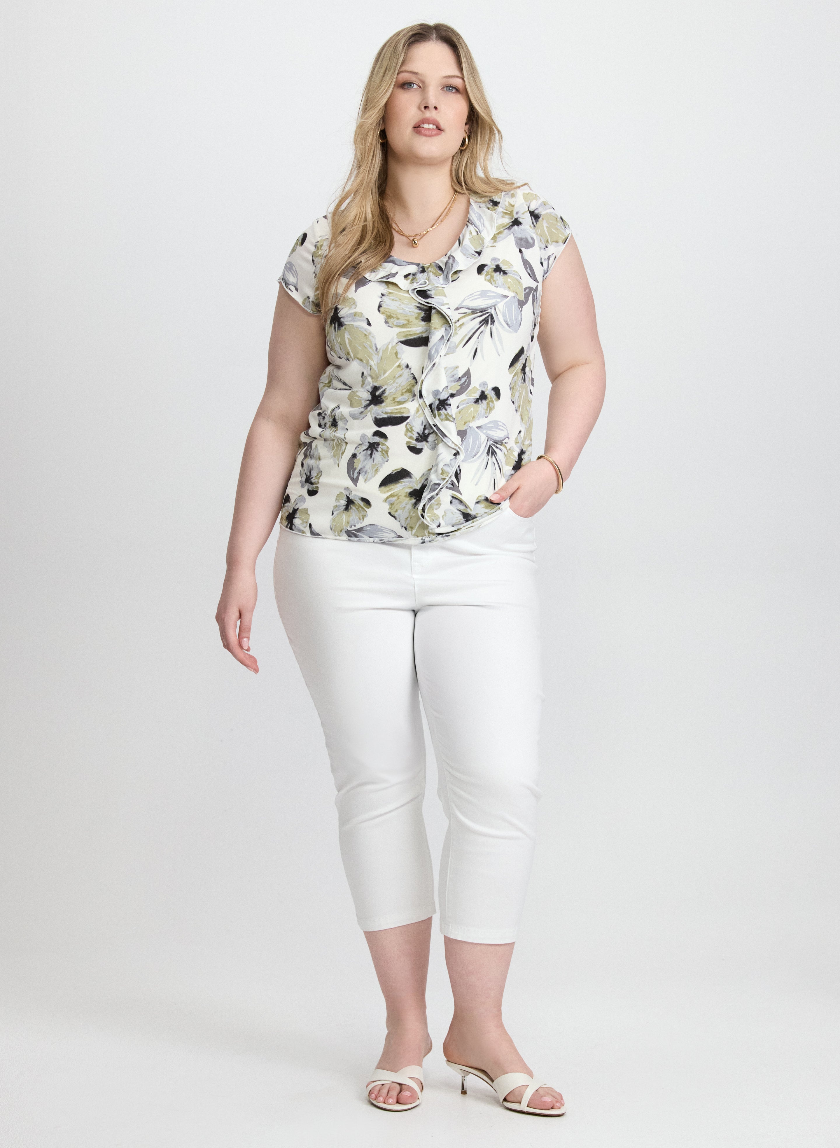 Floral Ruffle Front Blouse for Women - Elegant Floral Print Ruffle Neckline Tops - Perfect for Spring Outfits, Date Nights & Office Wear
