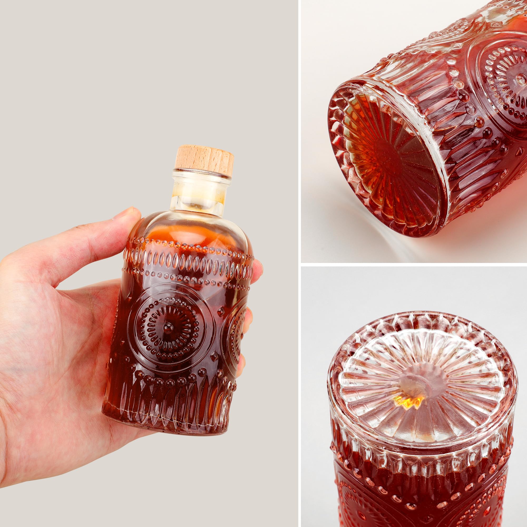 6 oz Clear Glass Bottles with T-Top Cap [Pack of 6] - 200ml Heavy Base Bottles for Wine, Beverages, Oil, Vinegar, Kombucha, Beer, Water & Soda - Airtight Cork Stopper & Sunflower Design - Perfect for Home Brewing, DIY Drinks, Gift Packaging & Kitchen Storage