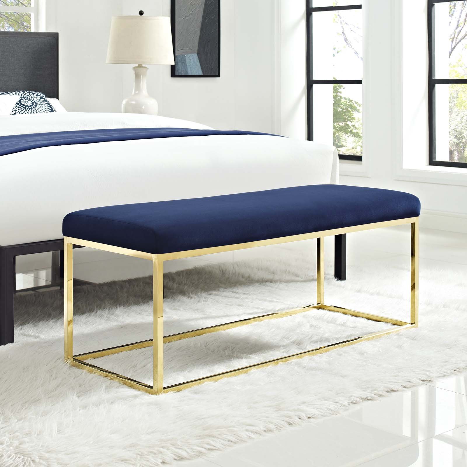 Modern Contemporary Accent Chair Bench with Velvet Fabric & Gold Metal Frame - Navy Blue Lounge Seating for Living Room, Bedroom, or Office Decor