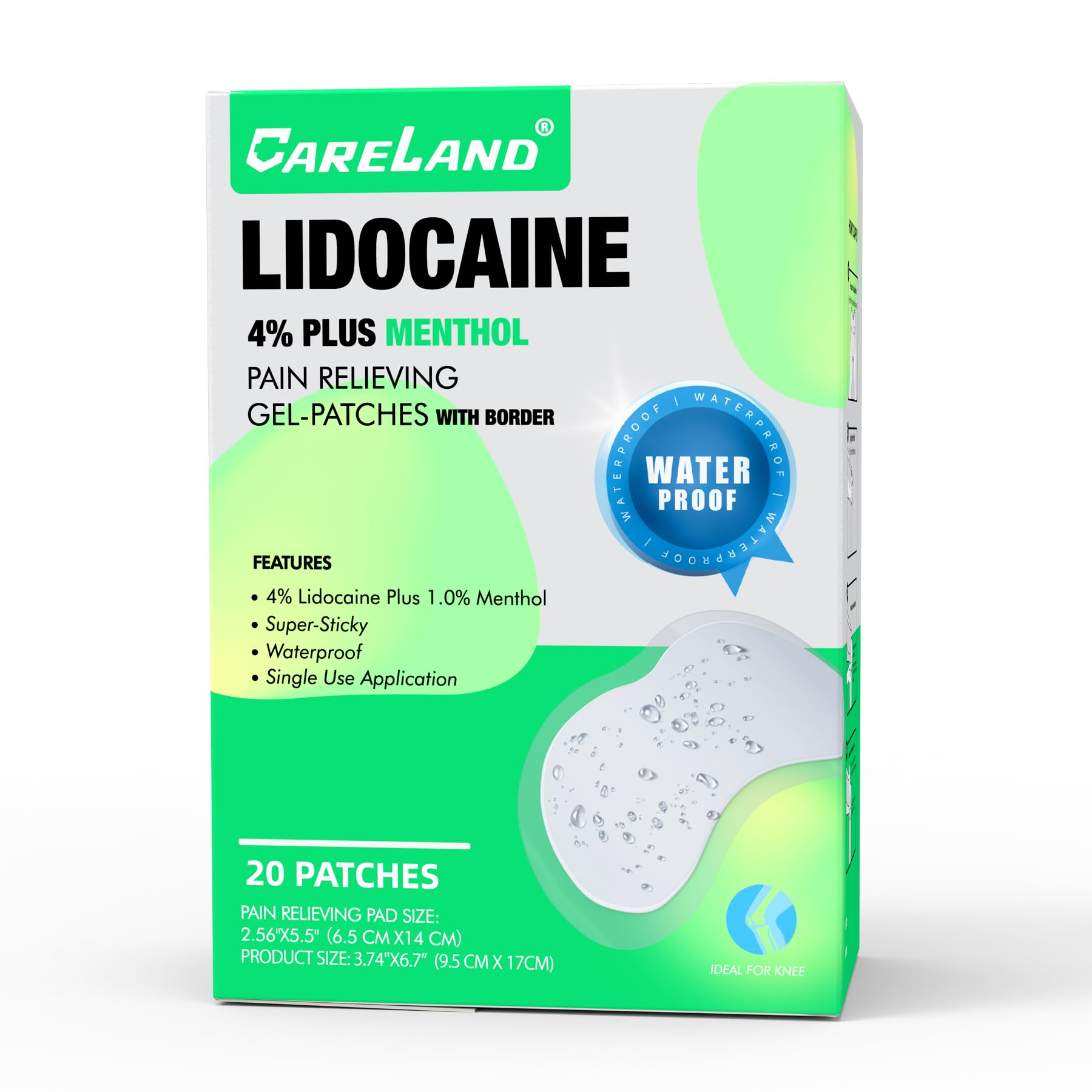 CARELAND 4% Lidocaine Knee Patches with 1% Menthol - 20 Waterproof Pain Relief Patches for Back, Knee & Shoulder Pain - Maximum Strength Pain Relief for Active Lifestyles & Post-Workout Recovery