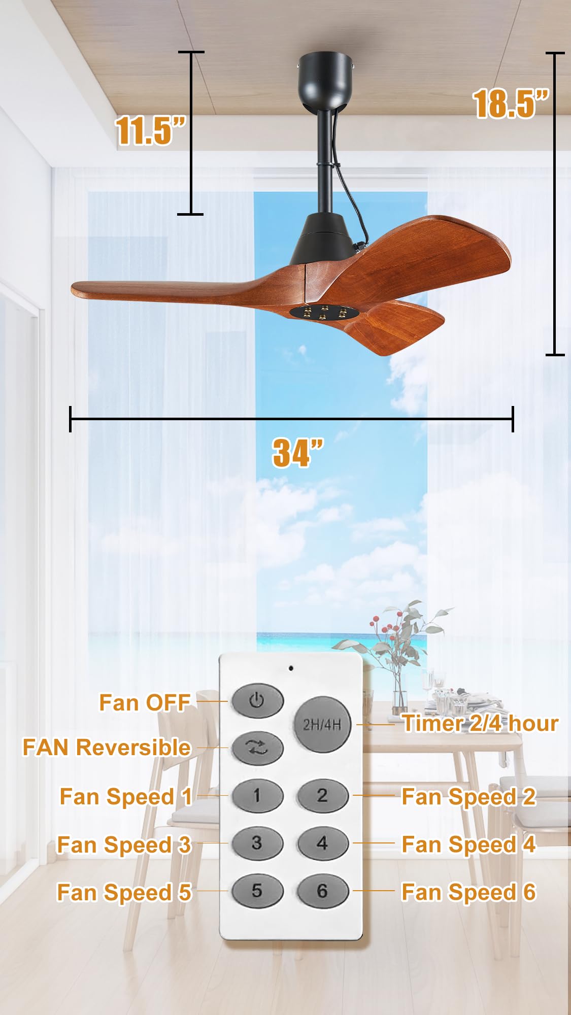 3 Blades Rustic Wood Ceiling Fan - 34
