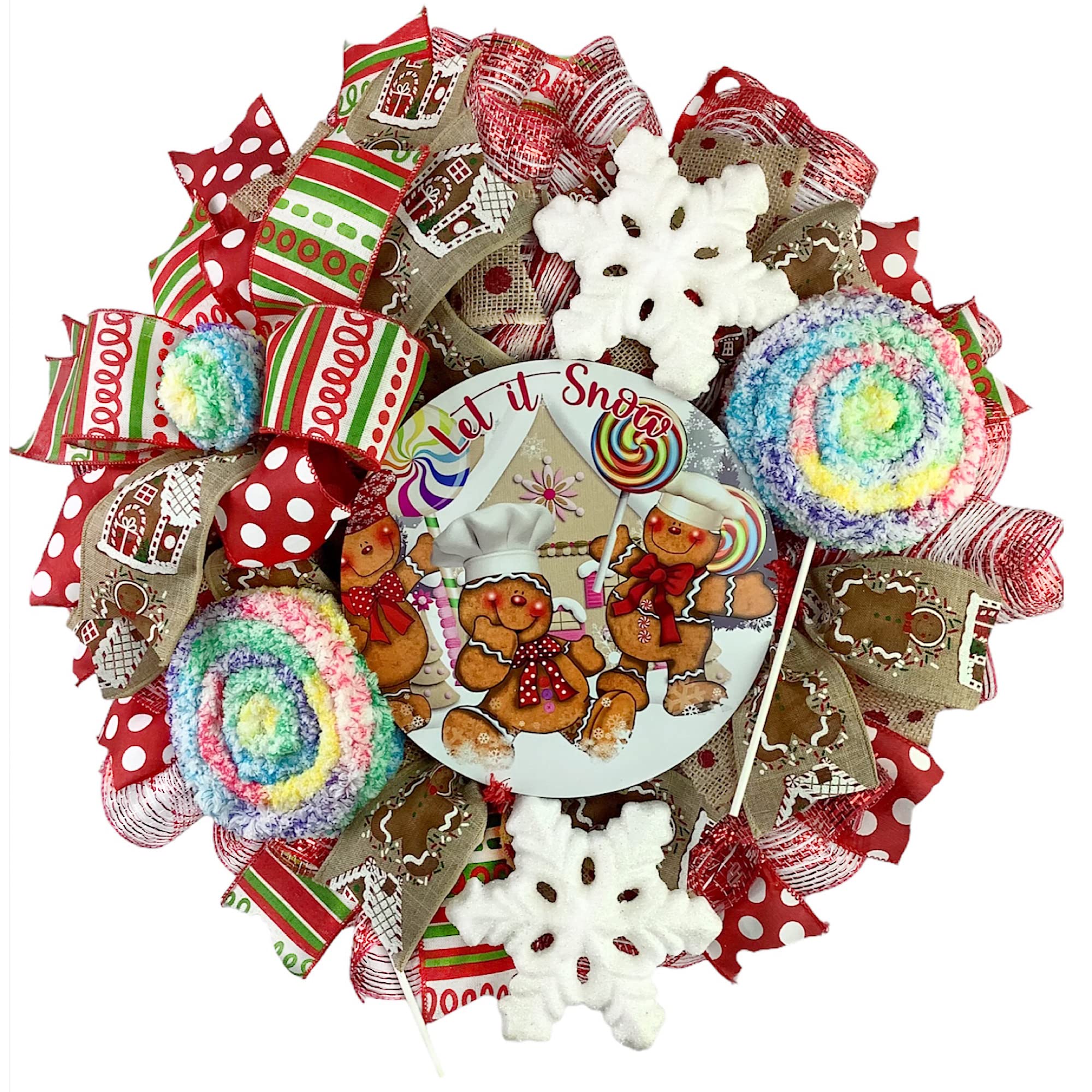 Handmade Artisan 'Let It Snow' Gingerbread Christmas Wreath with Lollipops - Festive Front Door Decor for Holiday Season | Gingerbread Door Hanger with Candy & Ornaments for Outdoor Christmas Decorations
