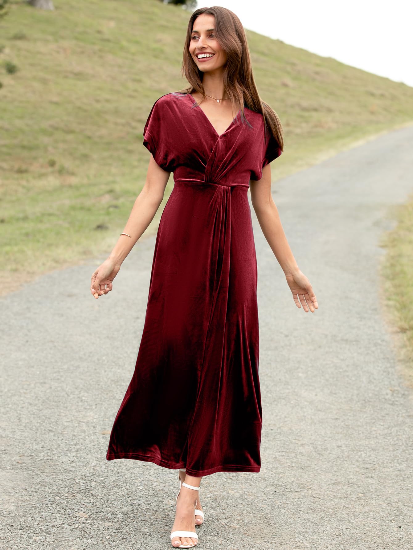 Simplee Women's Velvet Maxi Dress - Short Sleeve V-Neck Formal Bodycon Dress for Wedding Guest, Prom, Fall Events & Special Occasions