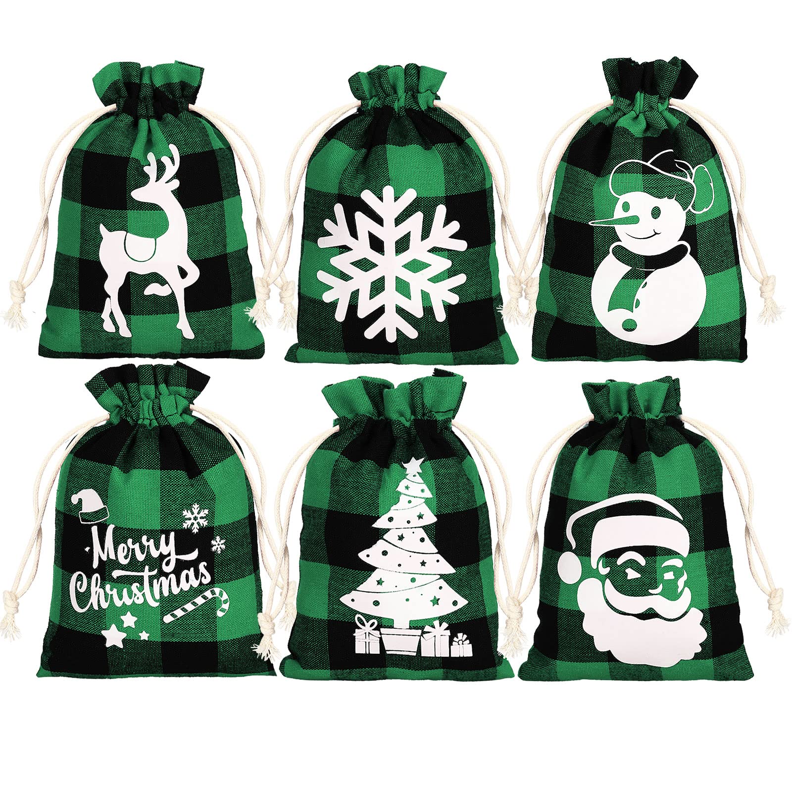 Christmas Buffalo Plaid Drawstring Gift Bags - 12 Pack Green Black Plaid Burlap Party Favor Bags for Holiday Gifts, Wedding Favors & Xmas Decorations | Perfect for Christmas Parties, Stocking Stuffers & Festive Gift Wrapping
