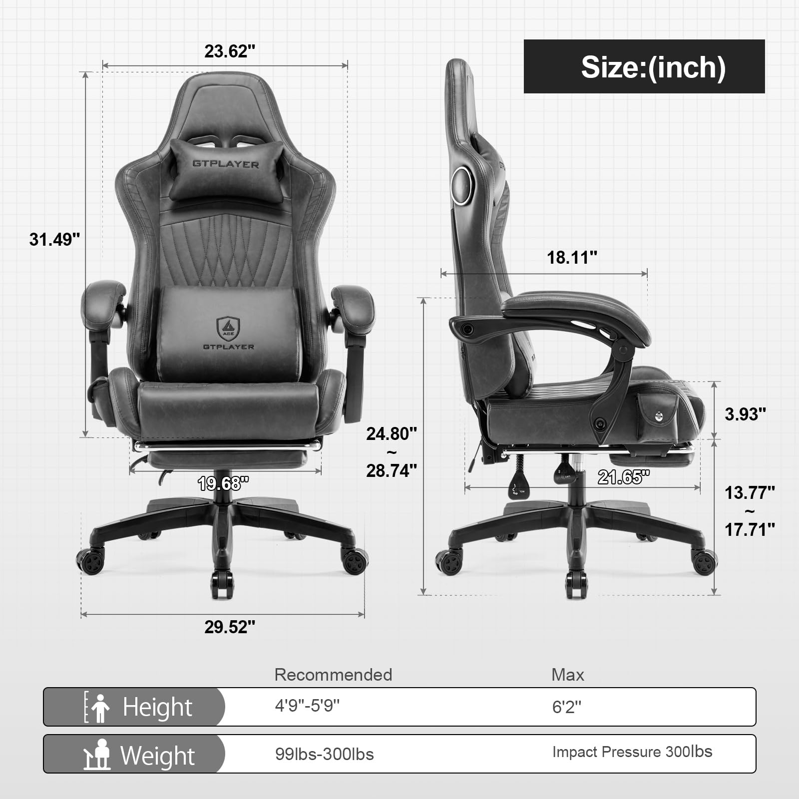 GTPLAYER Ergonomic Gaming Chair - PU Leather Office Chair with Adjustable Height & Lumbar Support - Grey Computer Chair for Home & Gaming Setup
