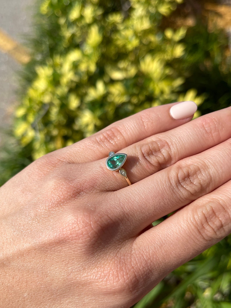 1.17tcw Natural Green Emerald & Marquise Diamond Three Stone Engagement Ring in 14K Gold - Perfect for Proposals, Anniversaries & Special Occasions