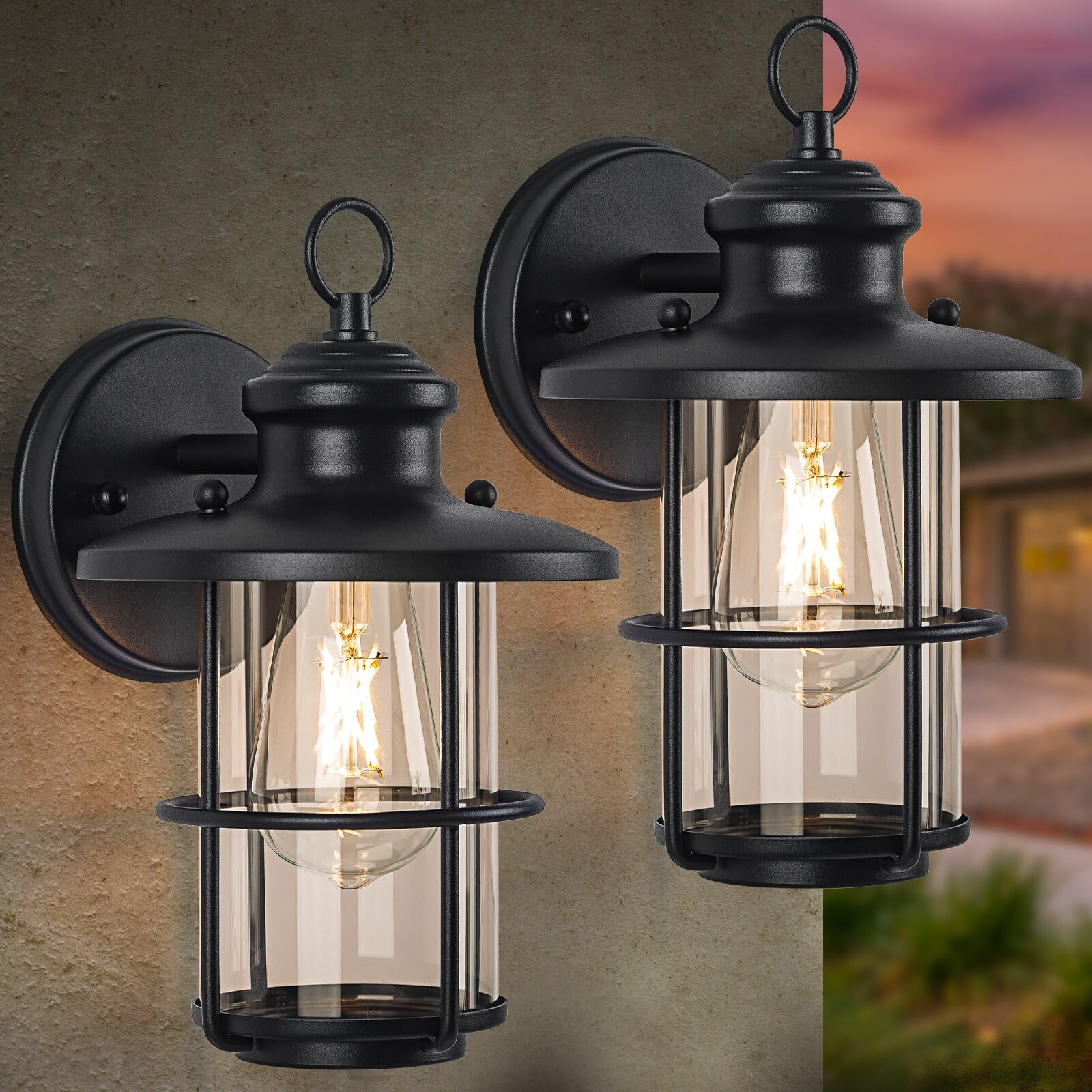 2 Pack Outdoor Wall Sconce Lights - Waterproof Exterior Light Fixtures with Clear Glass Shade, Rust-Resistant Porch Lighting (E26 Base) - Perfect for Patio, Garden, Deck & Entryway Lighting