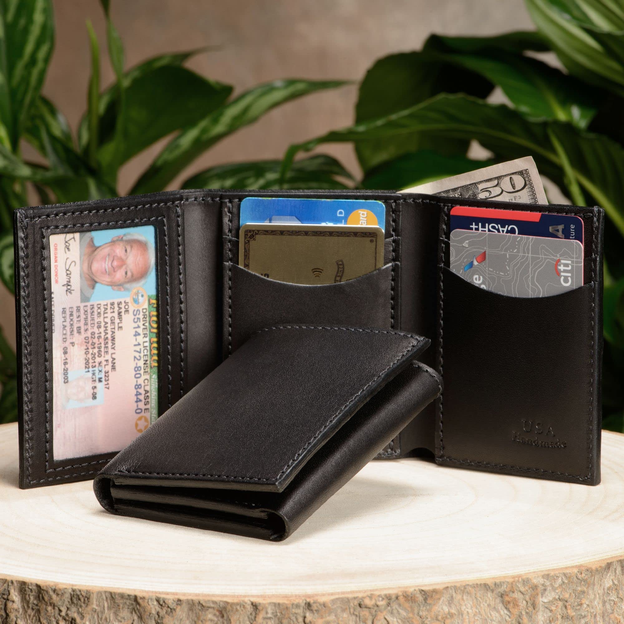 Premium Full Grain Bridle Leather Men’s Trifold Wallet with ID Window - Black - Handcrafted in USA - Perfect for Everyday Carry, Business & Travel Essentials