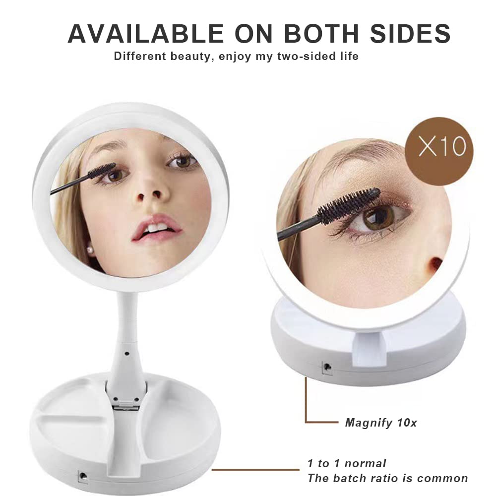 LED Makeup Mirror with Lights - 10X Magnification Vanity Mirror, Double-Sided Adjustable Cosmetic Mirror for Travel, Battery/USB Powered - Perfect for Home Makeup, Salon & Travel Beauty Routine