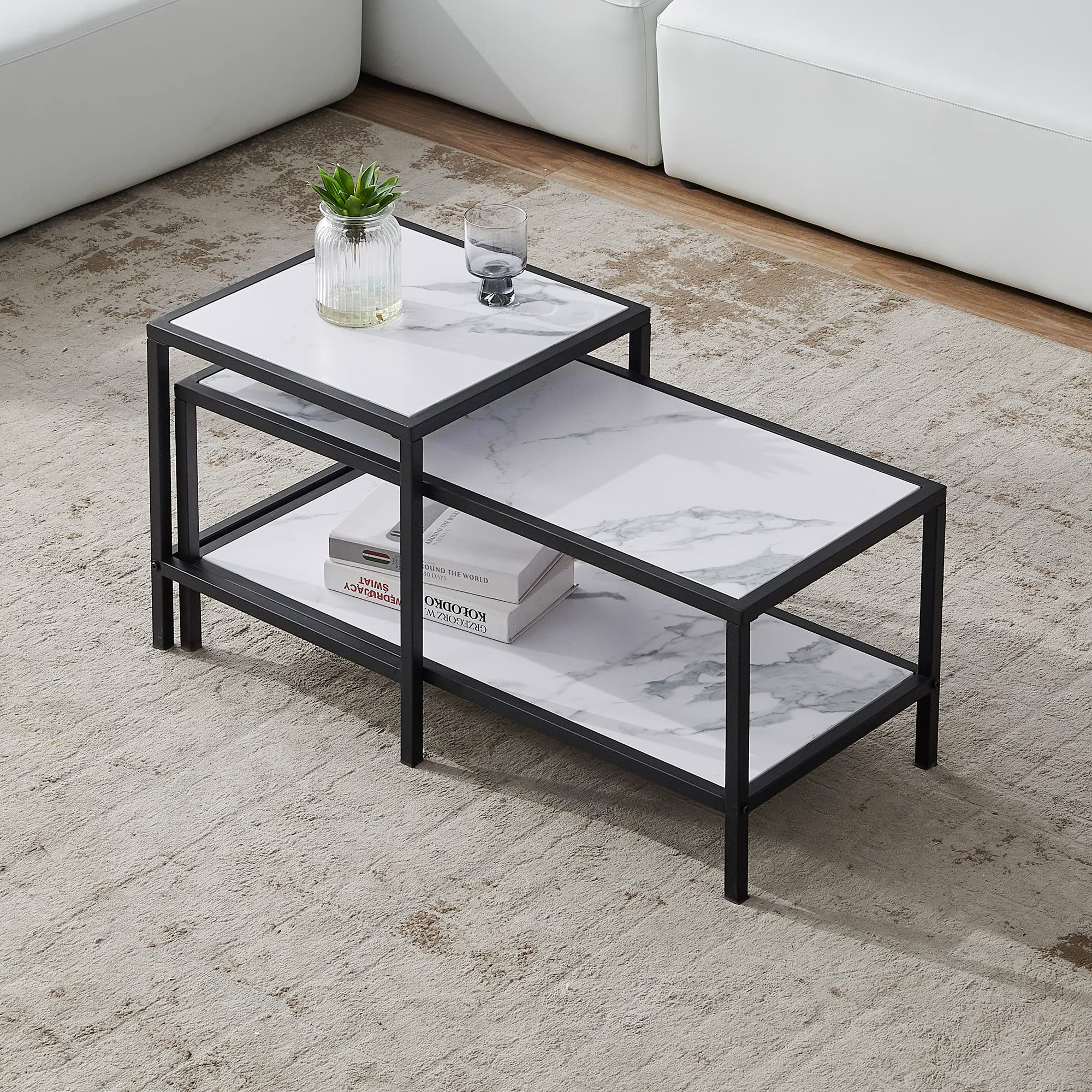 Modern Rectangle Nesting Coffee Table with Shelf - Black Minimalist Living Room Side Table for Small Spaces, Perfect for Home Decor, Apartment Furniture & Coffee Table Set - Ideal for Living Rooms, Offices, and Cozy Spaces