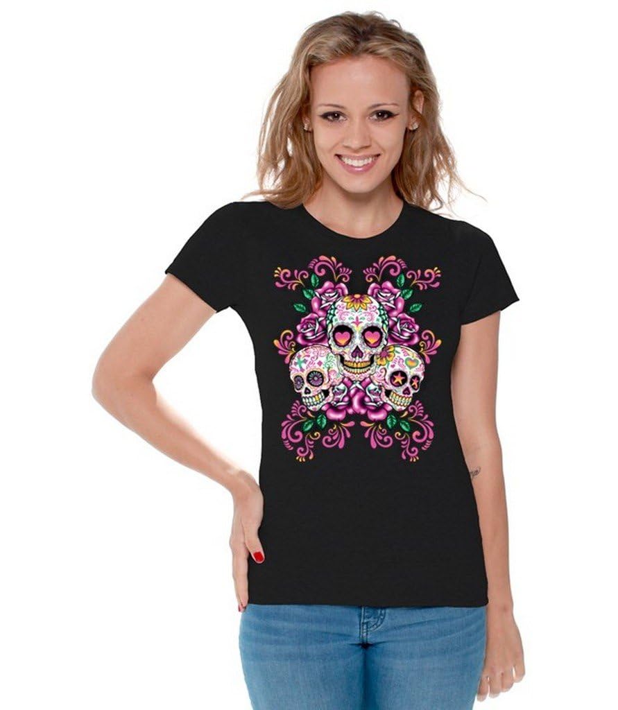 Awkwardstyles Women's Sugar Floral Skulls Graphic T-Shirt - Skeleton Print Casual Tee - Perfect for Halloween, Goth Fashion & Everyday Wear