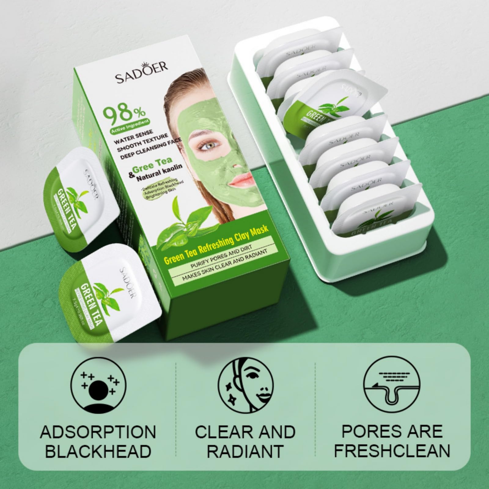 SADOER Green Tea Clay Mask for Deep Cleansing & Detoxifying - 8 Pack x 7.5g Natural Kaolin Facial Treatment | Perfect for Acne, Blackheads & Oily Skin Care Routine