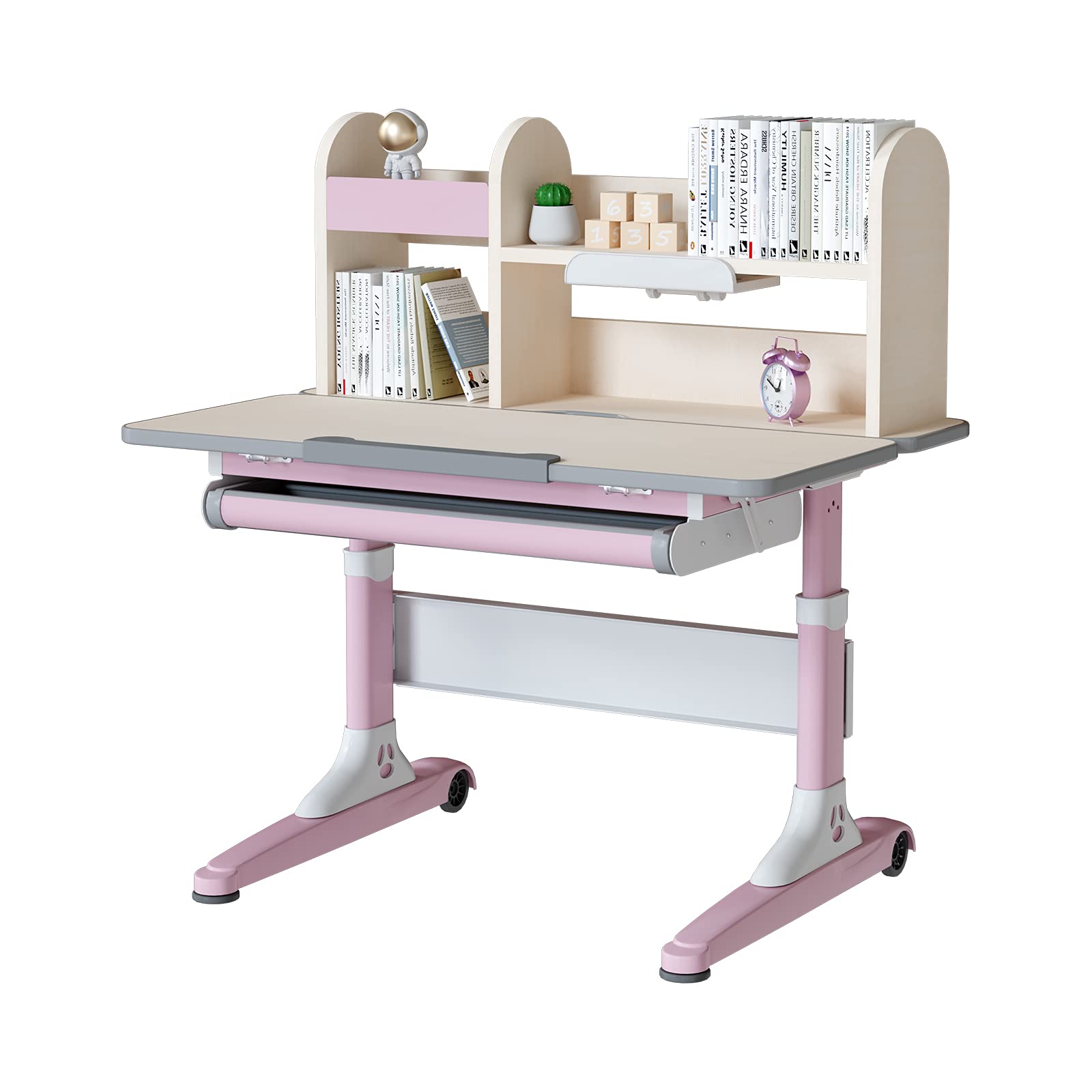 **Skycity Adjustable Height Ergonomic Kids Study Desk & Chair Set with Drawer & Bookshelf - Pink Desk with Sit-Brake Casters & Armrest Chair - Perfect for Homework, Online Learning & Small Spaces**