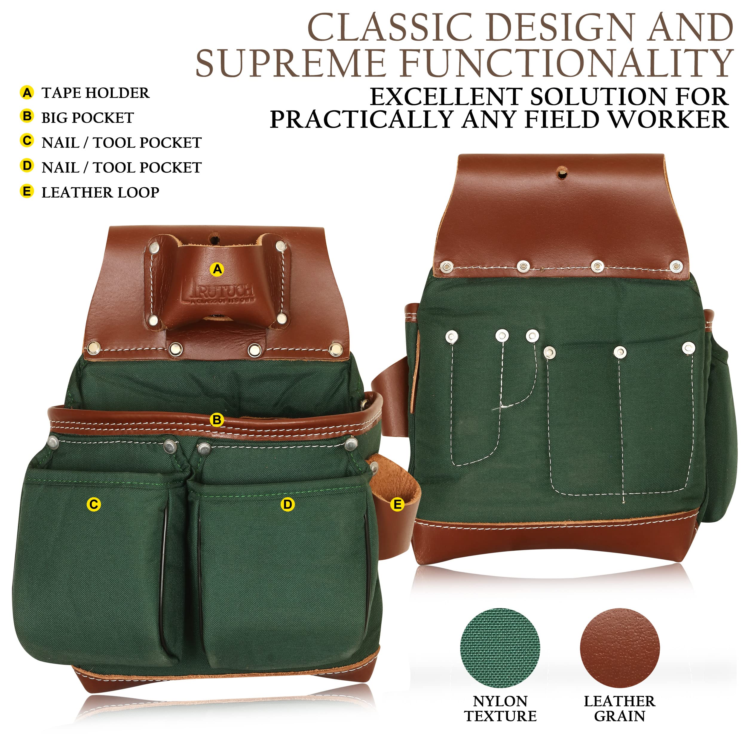 Durable Nylon & Leather Tool Belt for Carpenters, Electricians & Construction Workers - Heavy Duty Framing Tool Bag with Pouch - Perfect for Job Sites & DIY Projects (Green)