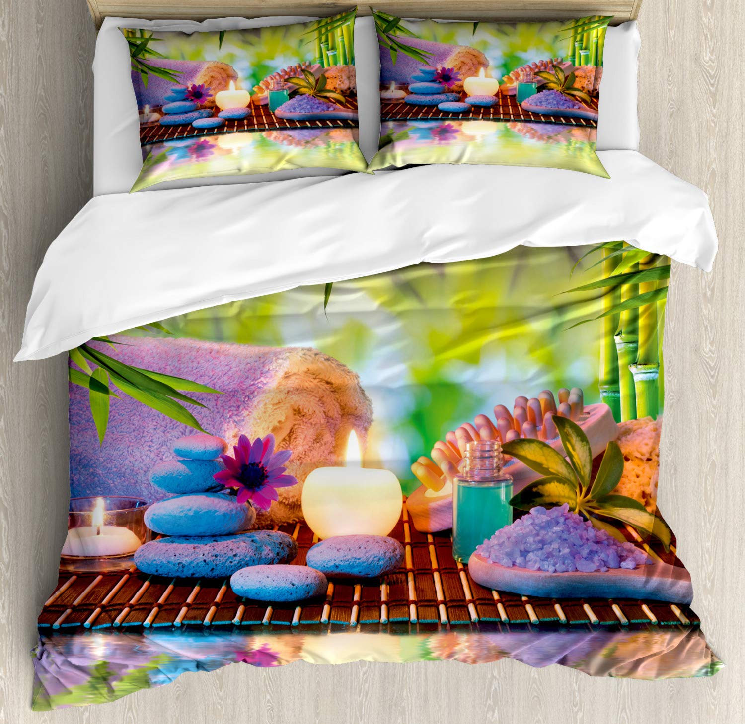 Ambesonne Spa Themed Duvet Cover Set - Eastern Folk Relaxation Botanical Trees Print with Stones & Candles, 3-Piece Bedding Set (2 Pillow Shams) for California King Size Bed | Perfect for Zen Bedrooms, Spa Retreats & Meditation Spaces