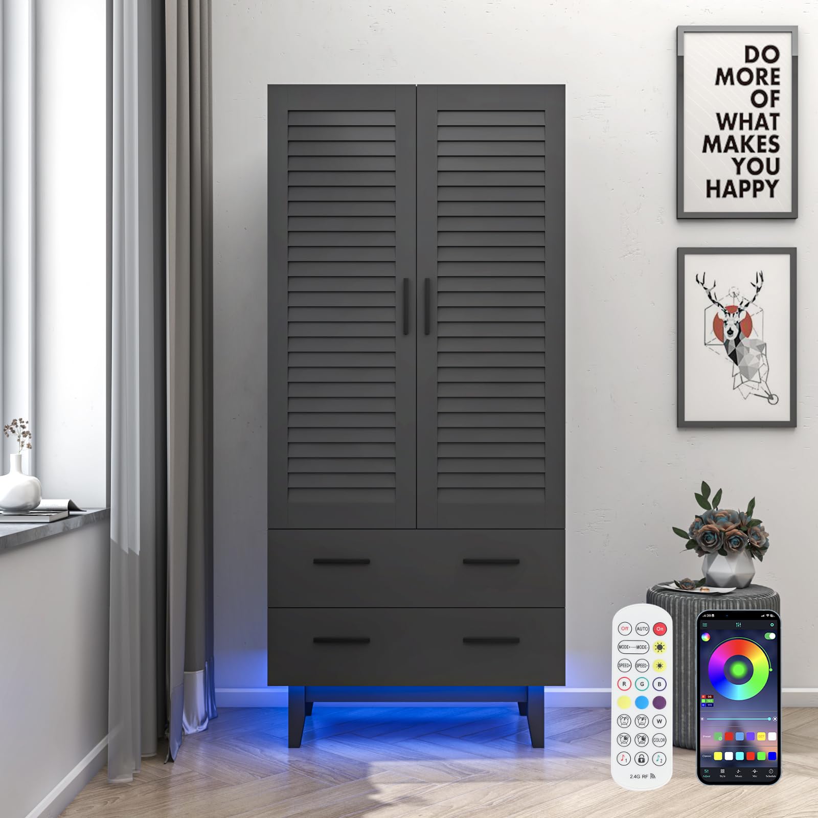 2 Door Wardrobe with LED Lights & Shelves - Large Storage for Bedroom Closet Organization