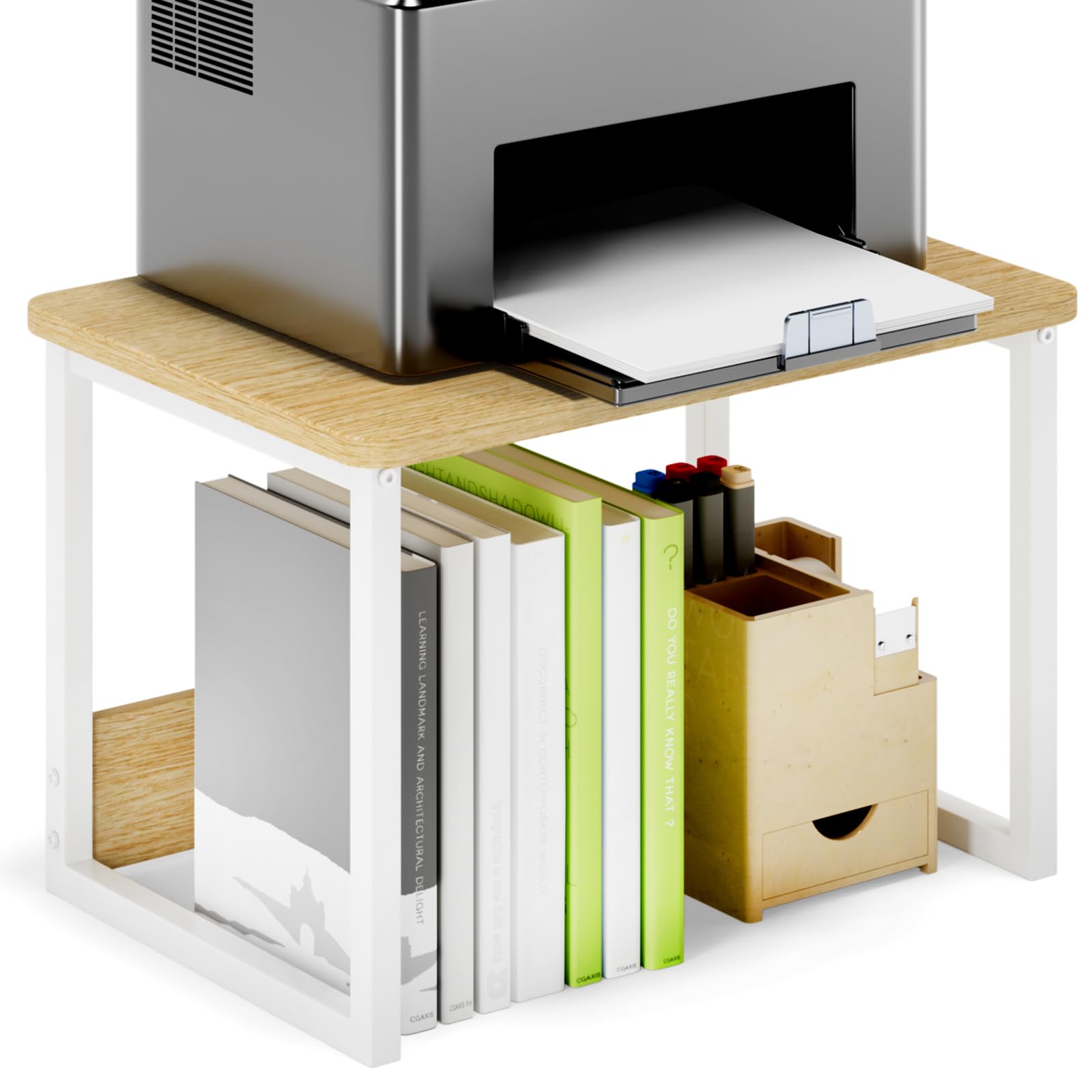 Heavy Duty Maple Printer Stand with Storage Shelf - Under Desk Organizer for Home & Office - Perfect for Fax Machine, Copier, Scanner - Space Saving Desktop Solution for Small Printers