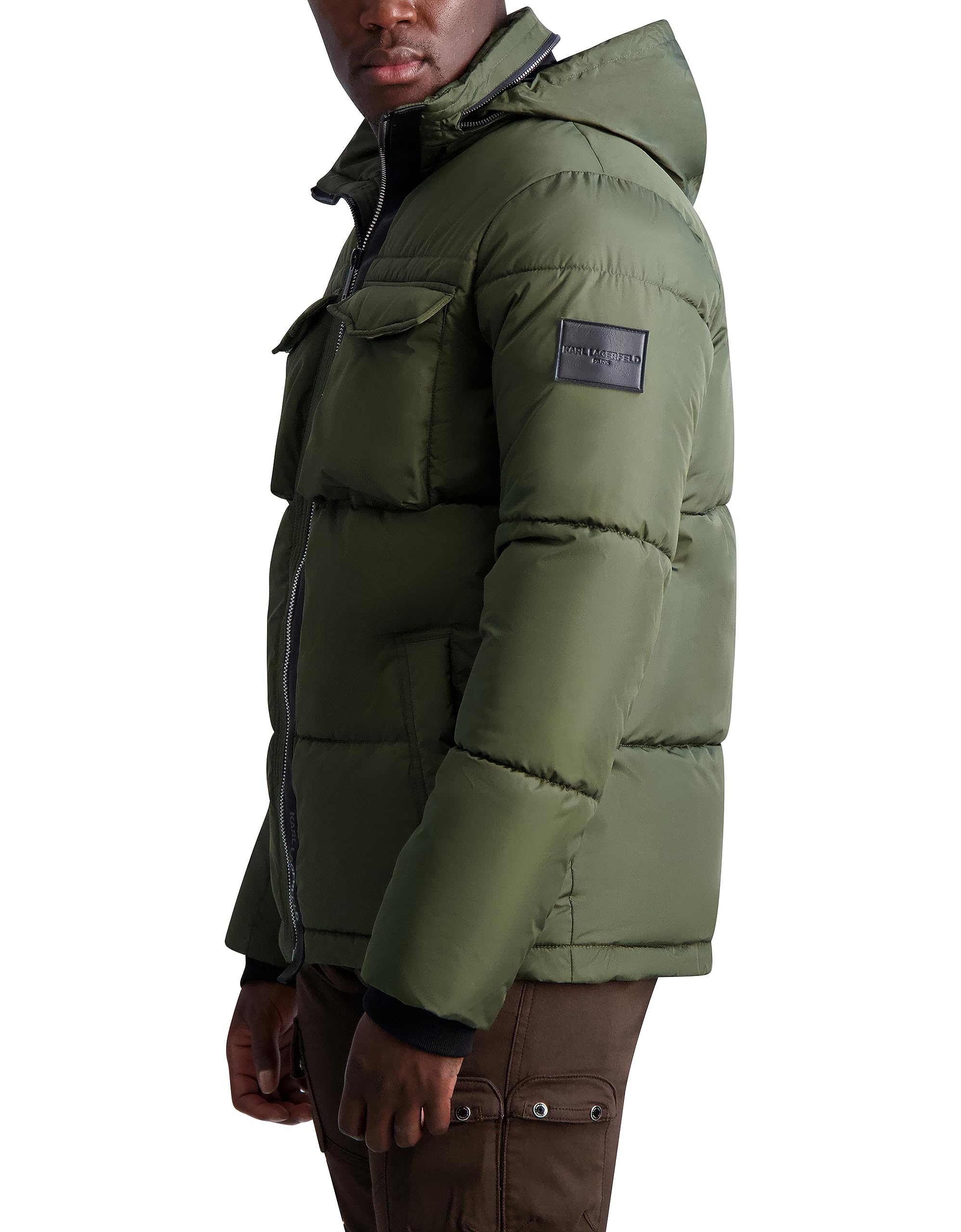 KARL LAGERFELD Men's Quilted Zip-Out Hood Puffer Jacket - Lightweight Winter Coat with Detachable Hood for Outdoor Activities & Casual Wear