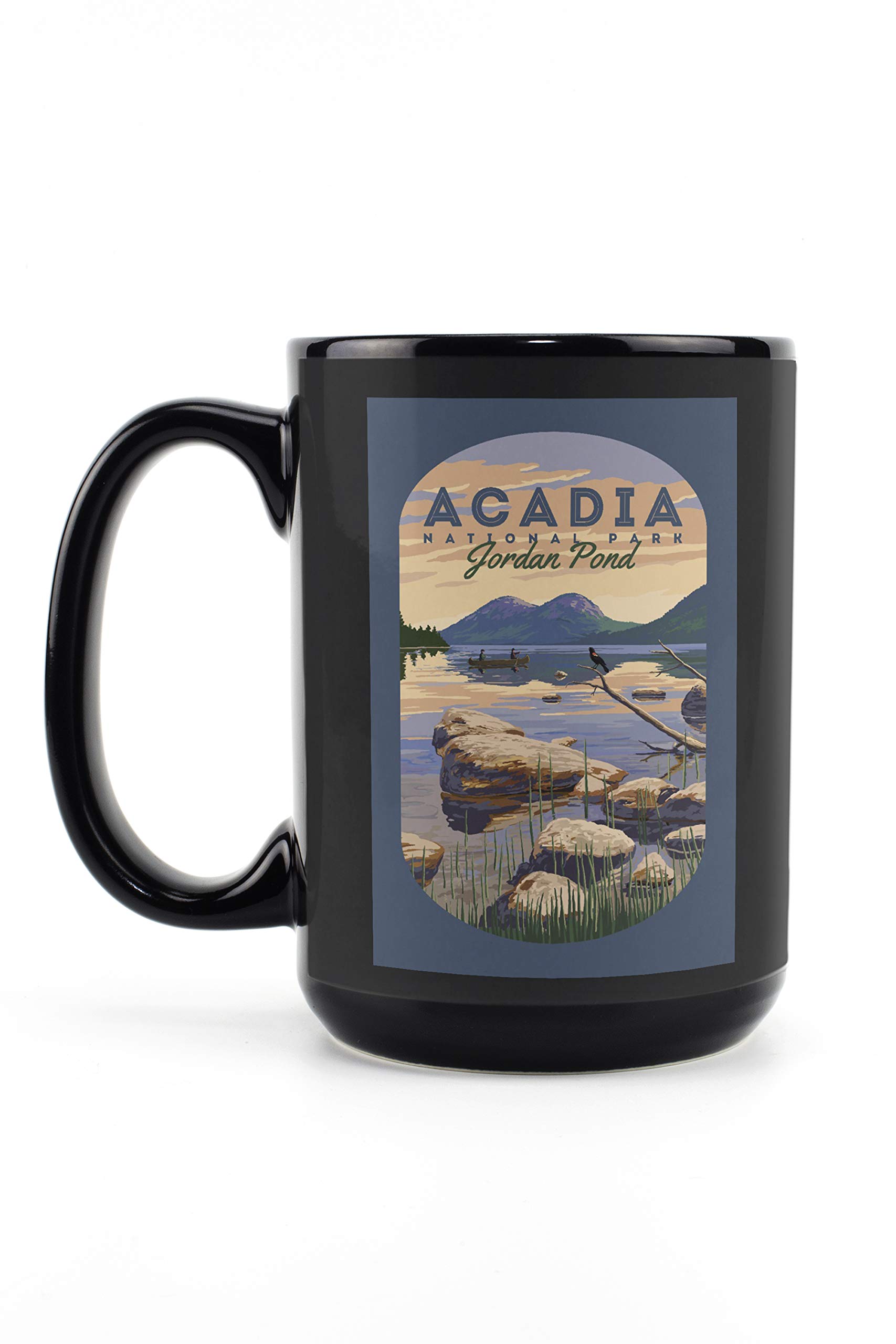 Acadia National Park Jordan Pond Illustration Contour - 15oz Black Ceramic Coffee & Tea Mug, Dishwasher & Microwave Safe - Perfect for Camping, Office & Home Use