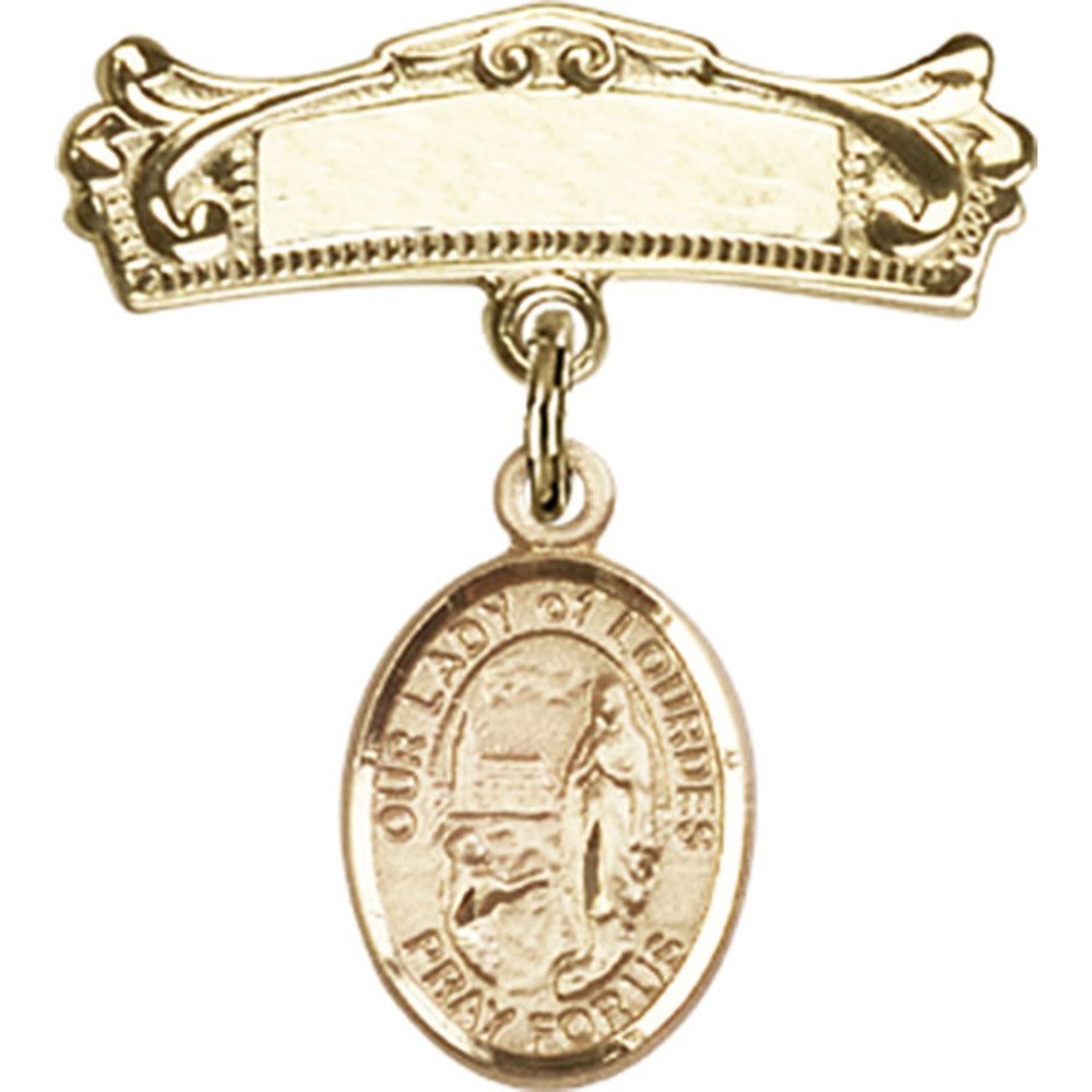 Gold Filled Baby Badge with Our Lady of Lourdes Charm - 7/8 X 3/4 Inch Arched Polished Pin for Baptism, First Communion & Baby Shower Gifts