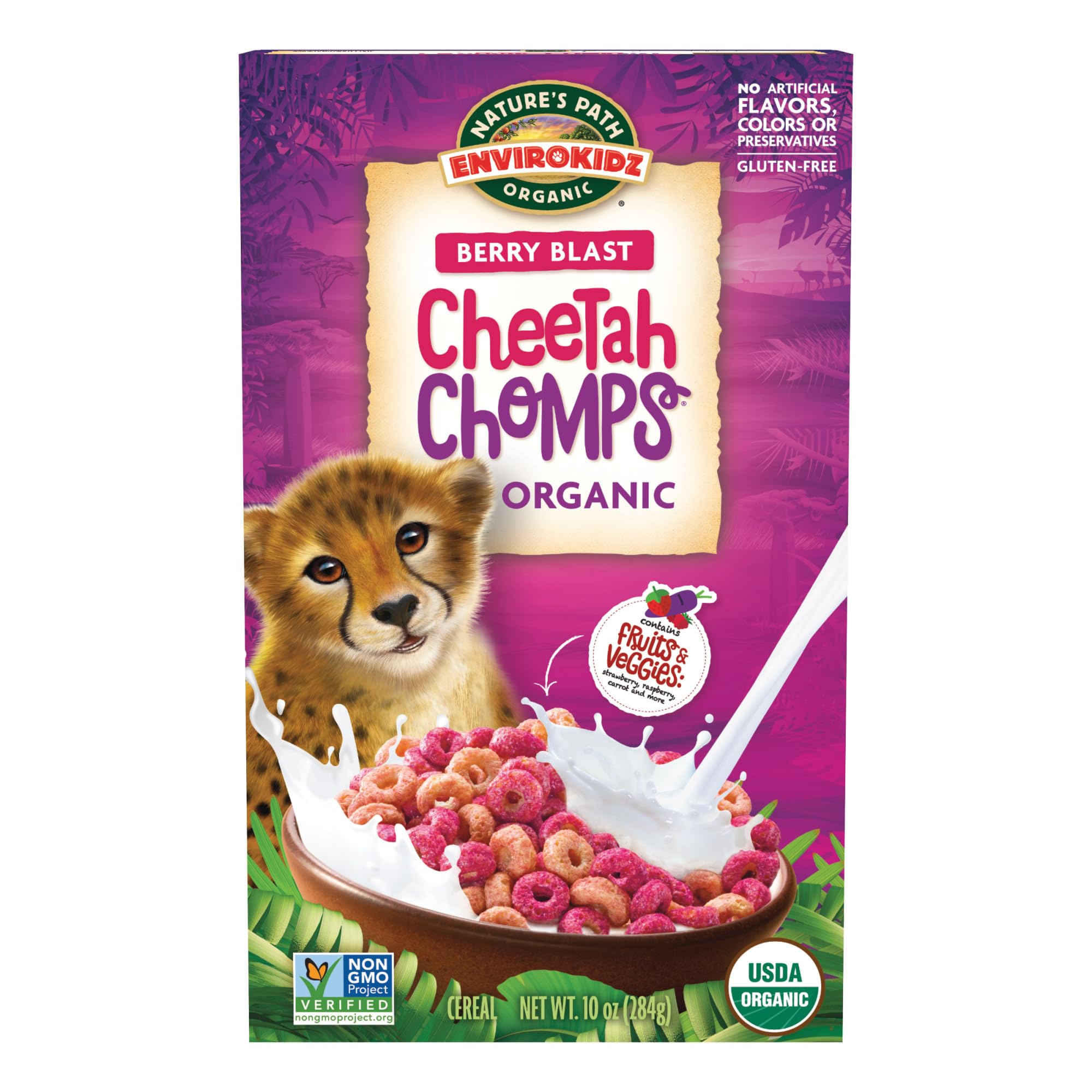 EnviroKidz Organic Cheetah Chomps Cereal - Berry Blast Flavor, Gluten Free & Non-GMO Breakfast Cereal, 10 oz (Pack of 12) by Nature's Path - Perfect for Kids' School Lunches & Healthy Family Breakfasts