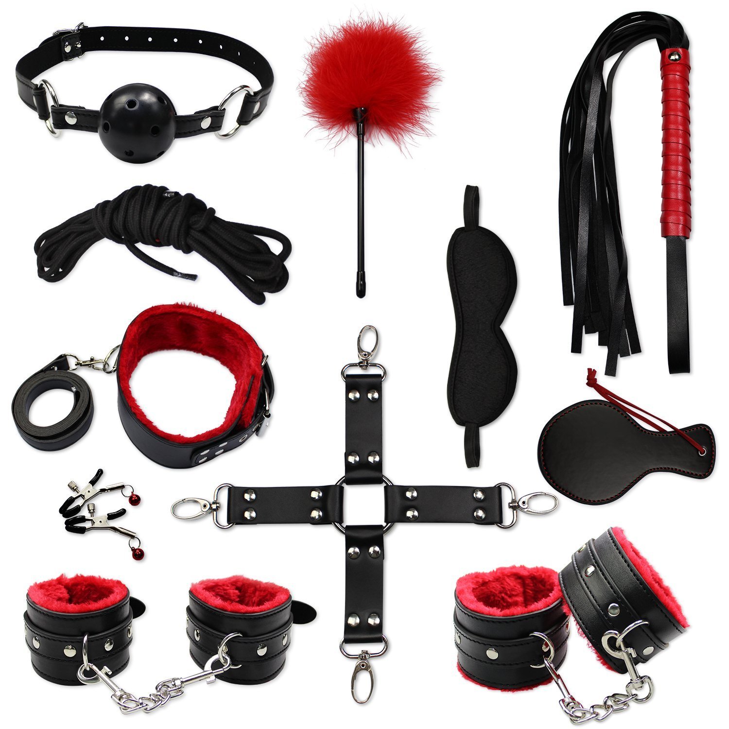 11-Piece SM Bondage Set for Adults - Soft Plush Handcuffs & Restraint Kit - Sensual Couples Play & BDSM Accessories for Spicing Up the Bedroom